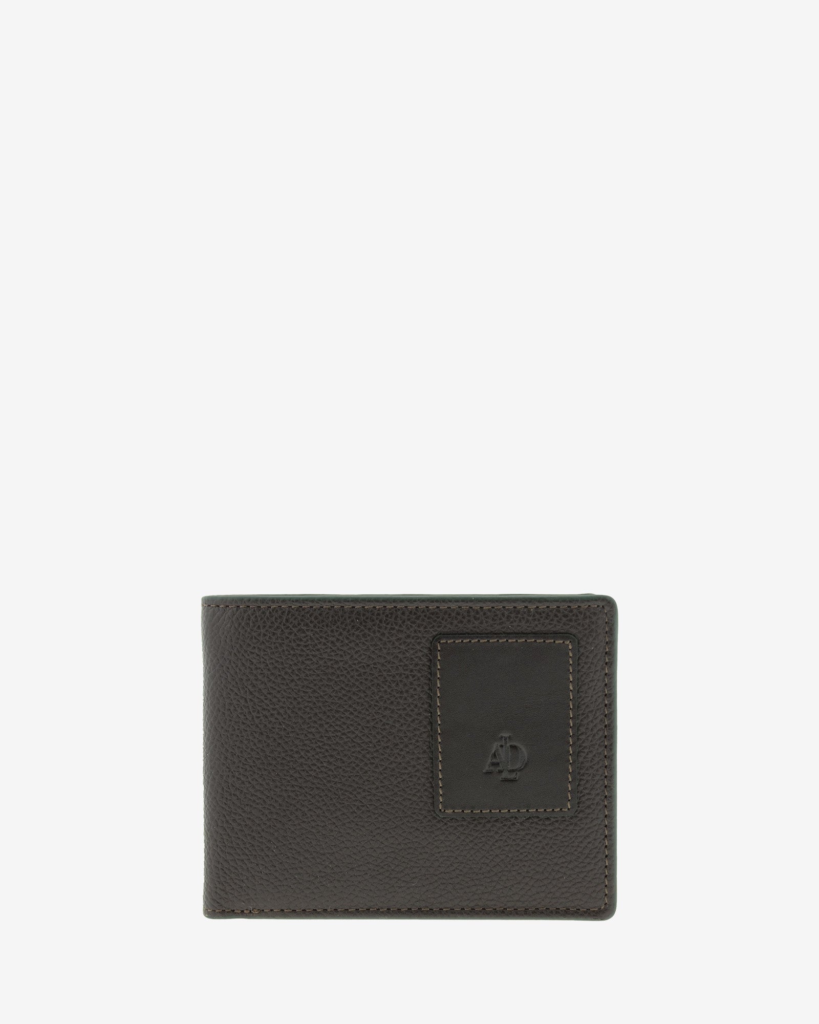 Cartera de piel marron con RFID y monedero cerrada, vista frontal con logo, ref. 1662-2