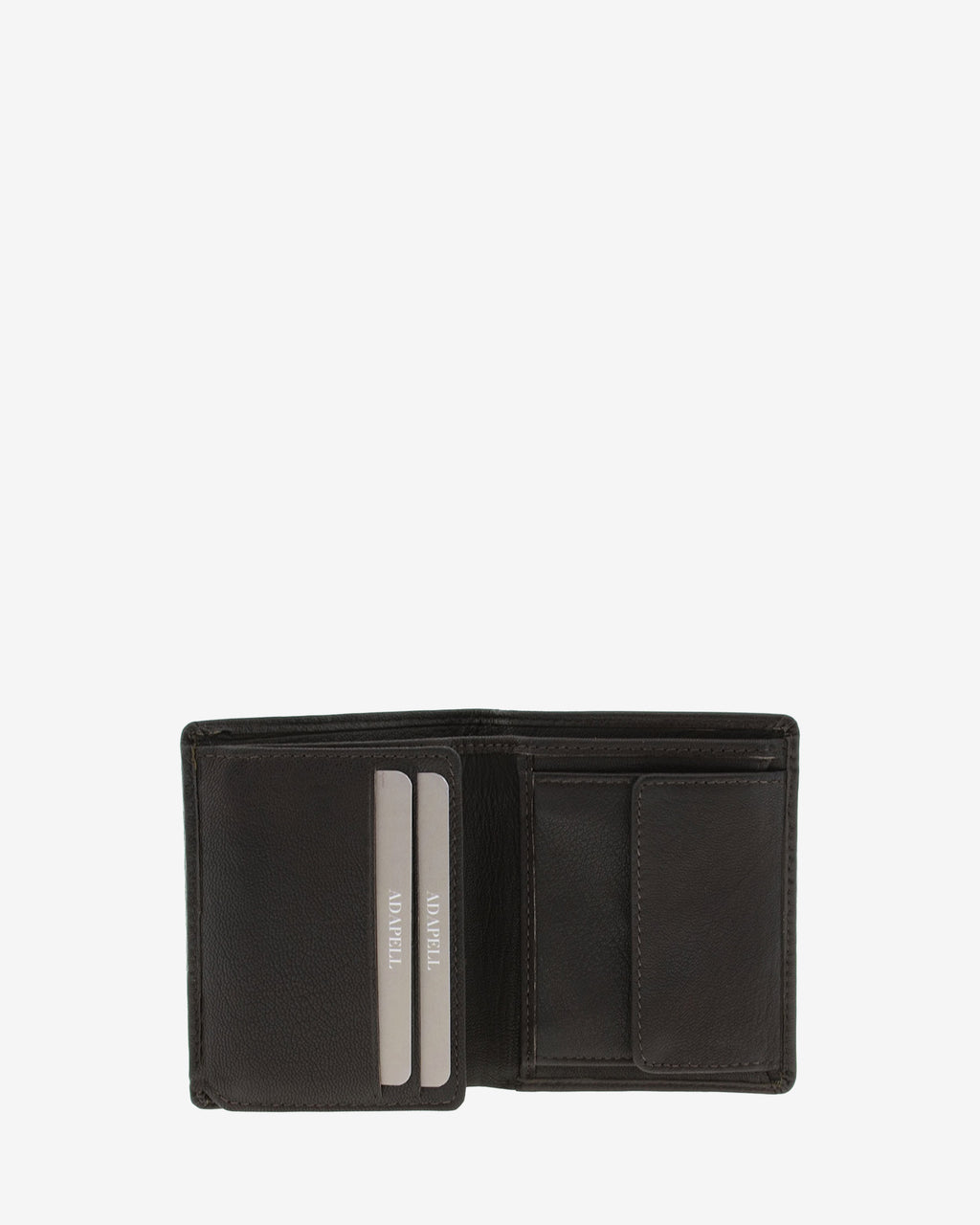 Cartera de piel marron abierta mostrando ranuras para tarjetas y monedero interior, modelo 1651.