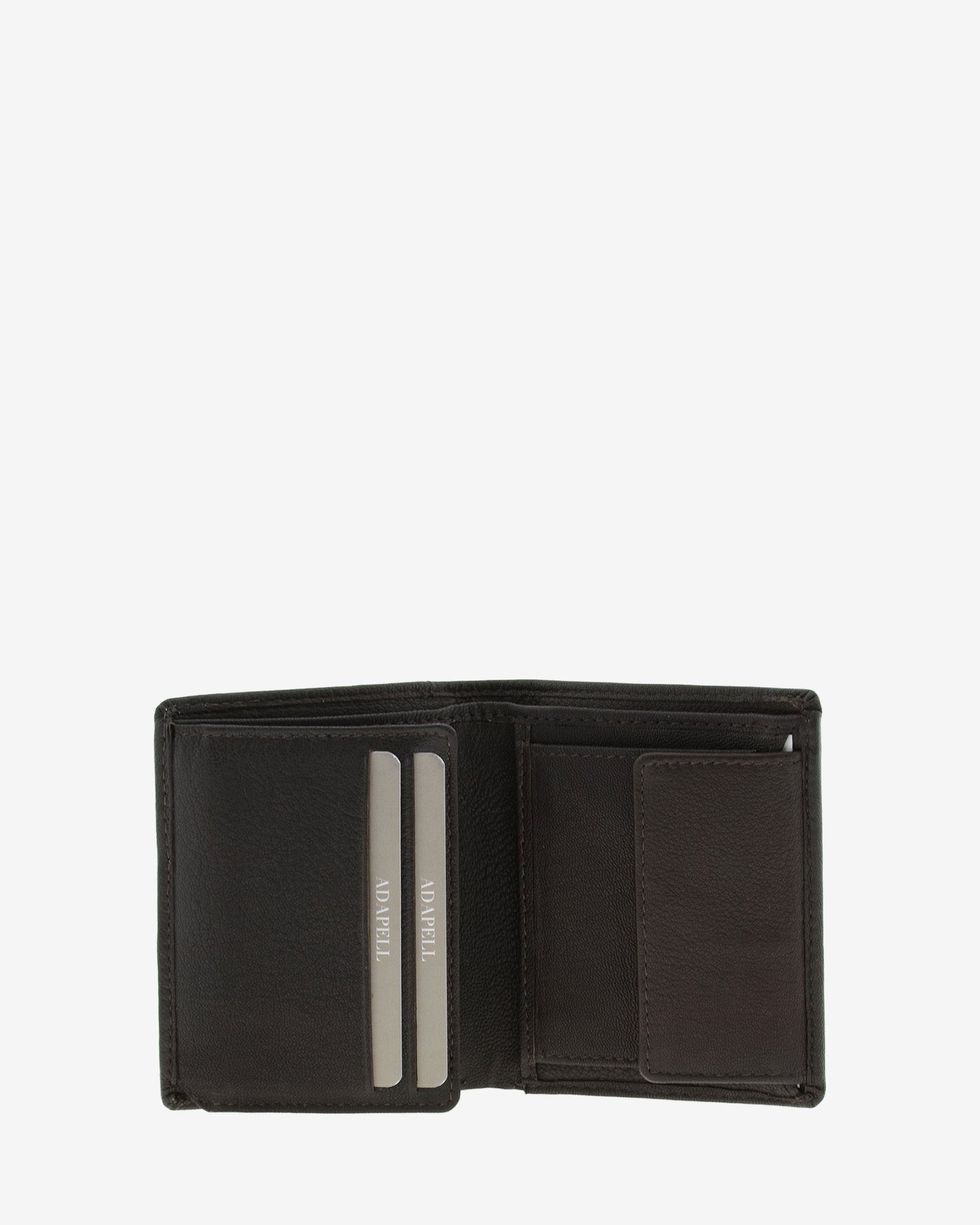 Cartera de piel marron abierta con ranuras para tarjetas y monedero interior, 1656-2