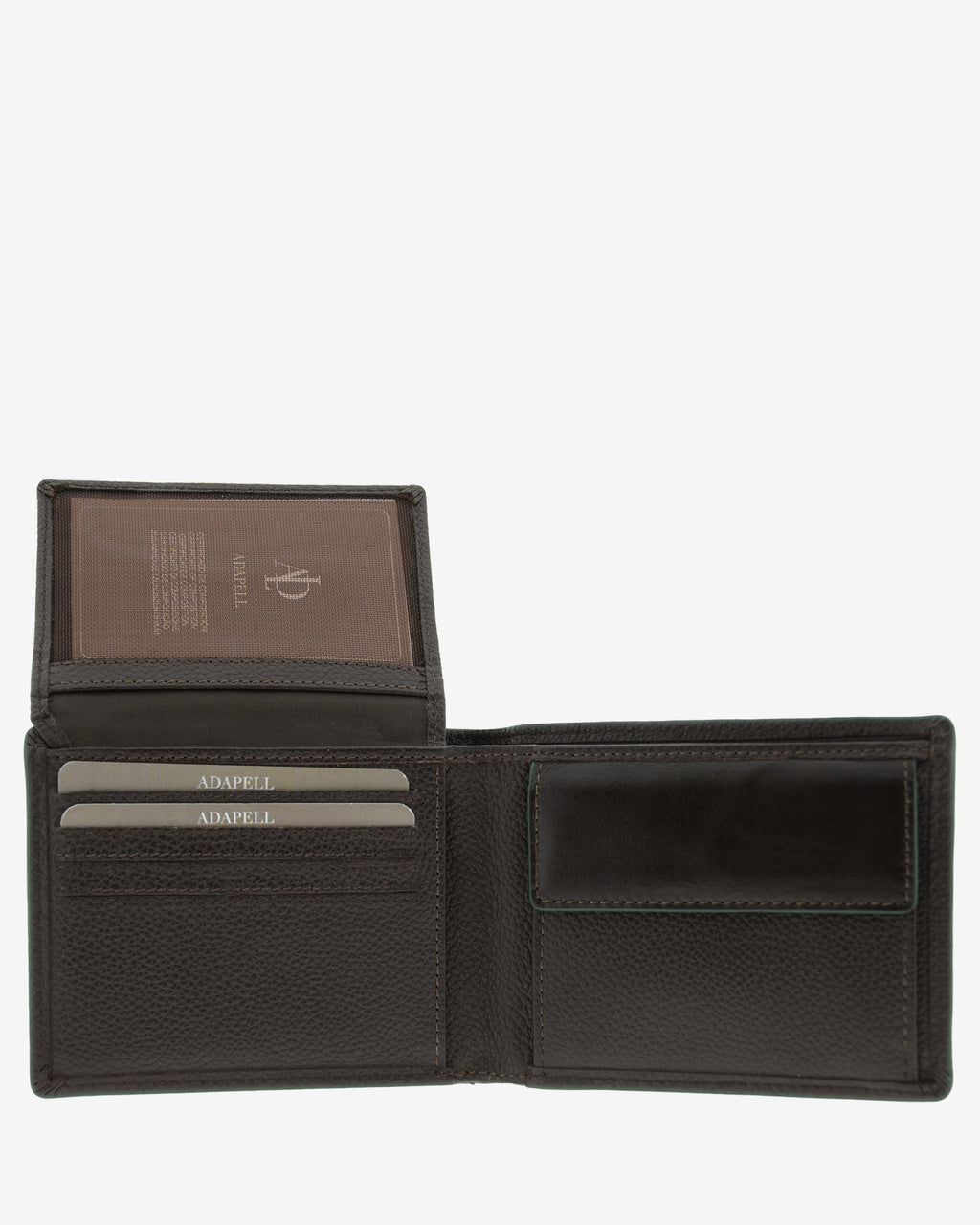 Cartera de piel marron con RFID abierta con ventana interior, monedero y ranuras para tarjetas, ref. 1662-2