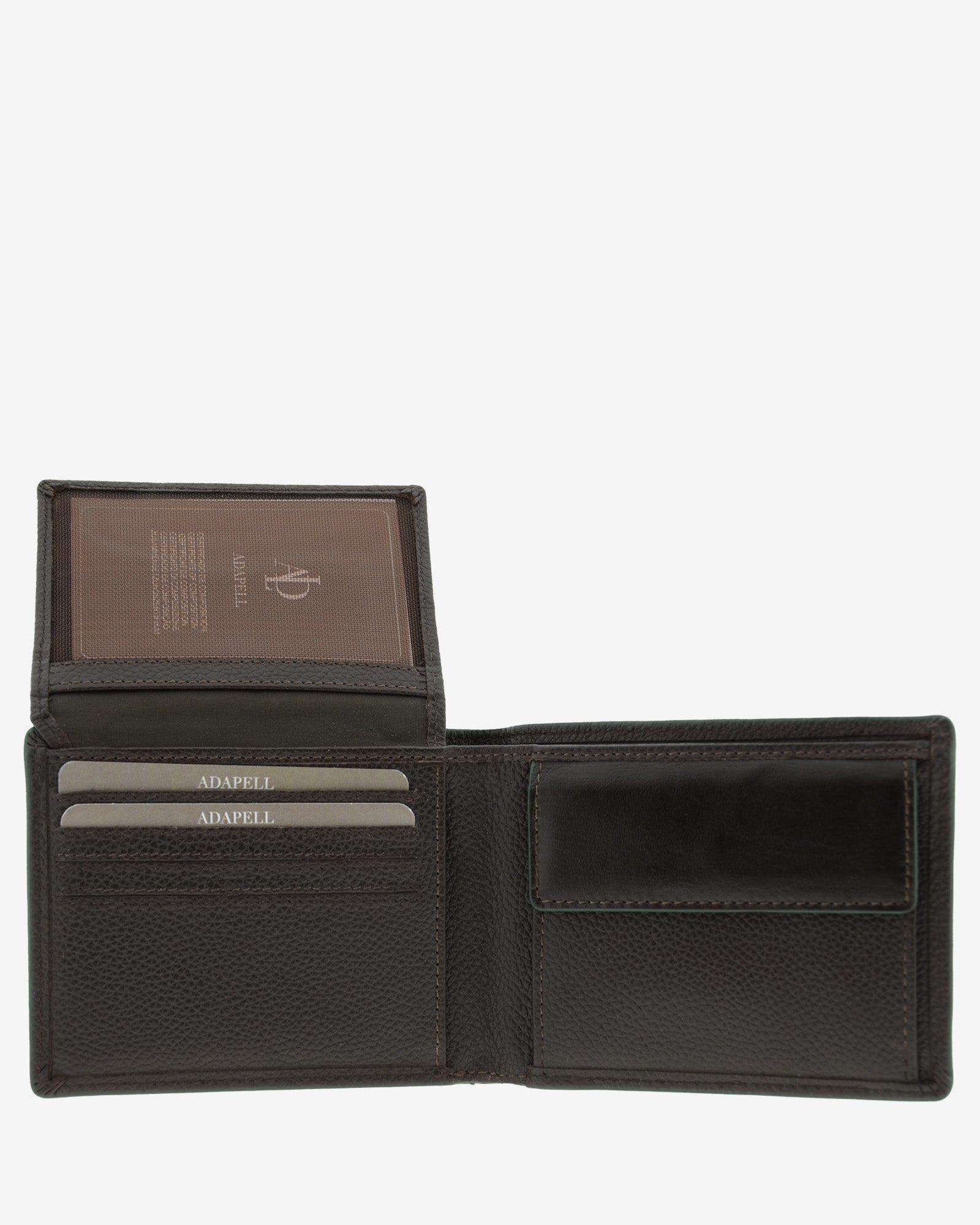 Cartera de piel marron con RFID abierta con ventana interior, monedero y ranuras para tarjetas, ref. 1662-2