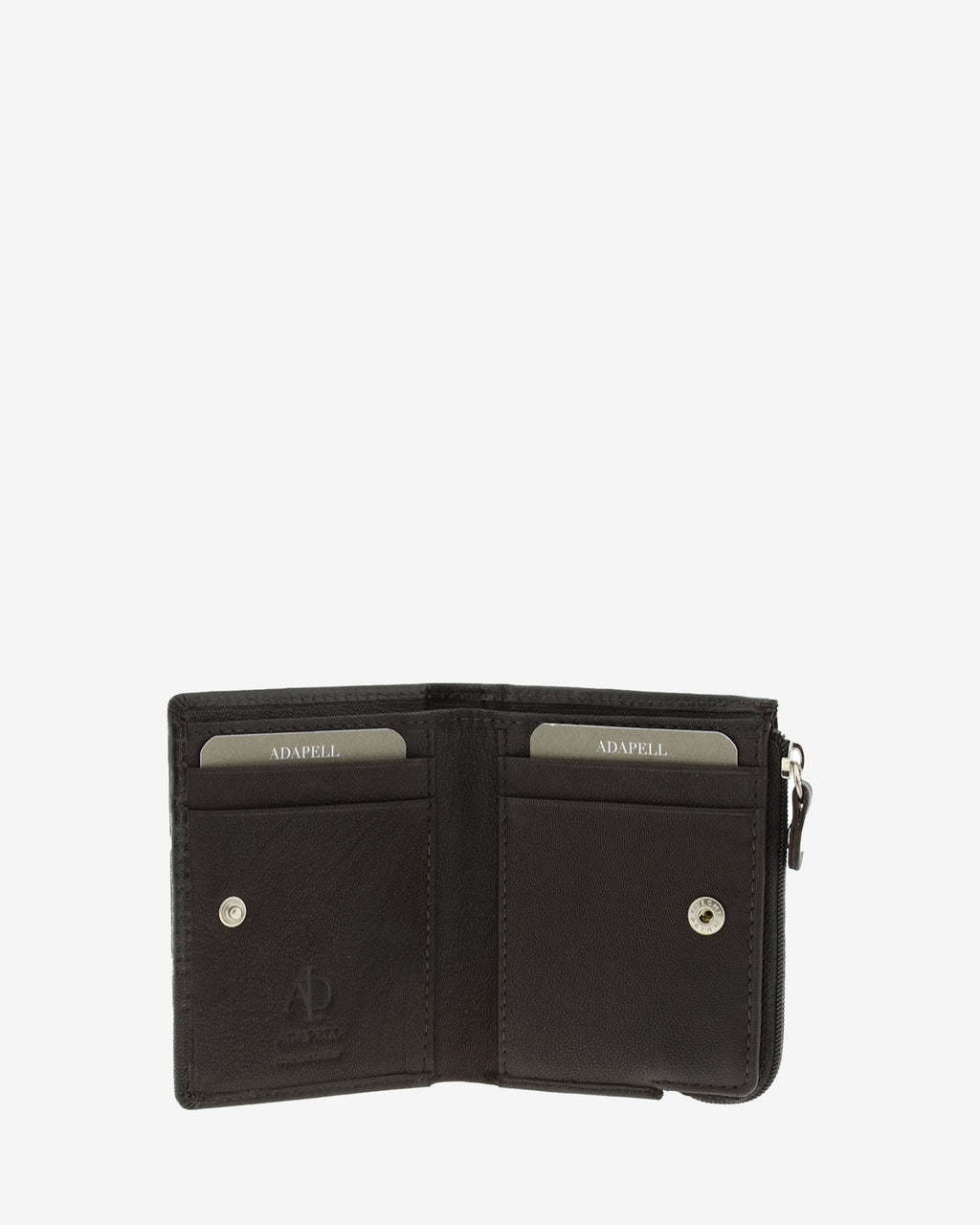 Cartera de piel marron abierta mostrando ranuras para tarjetas y monedero interior con cierre de presión, modelo 1654.