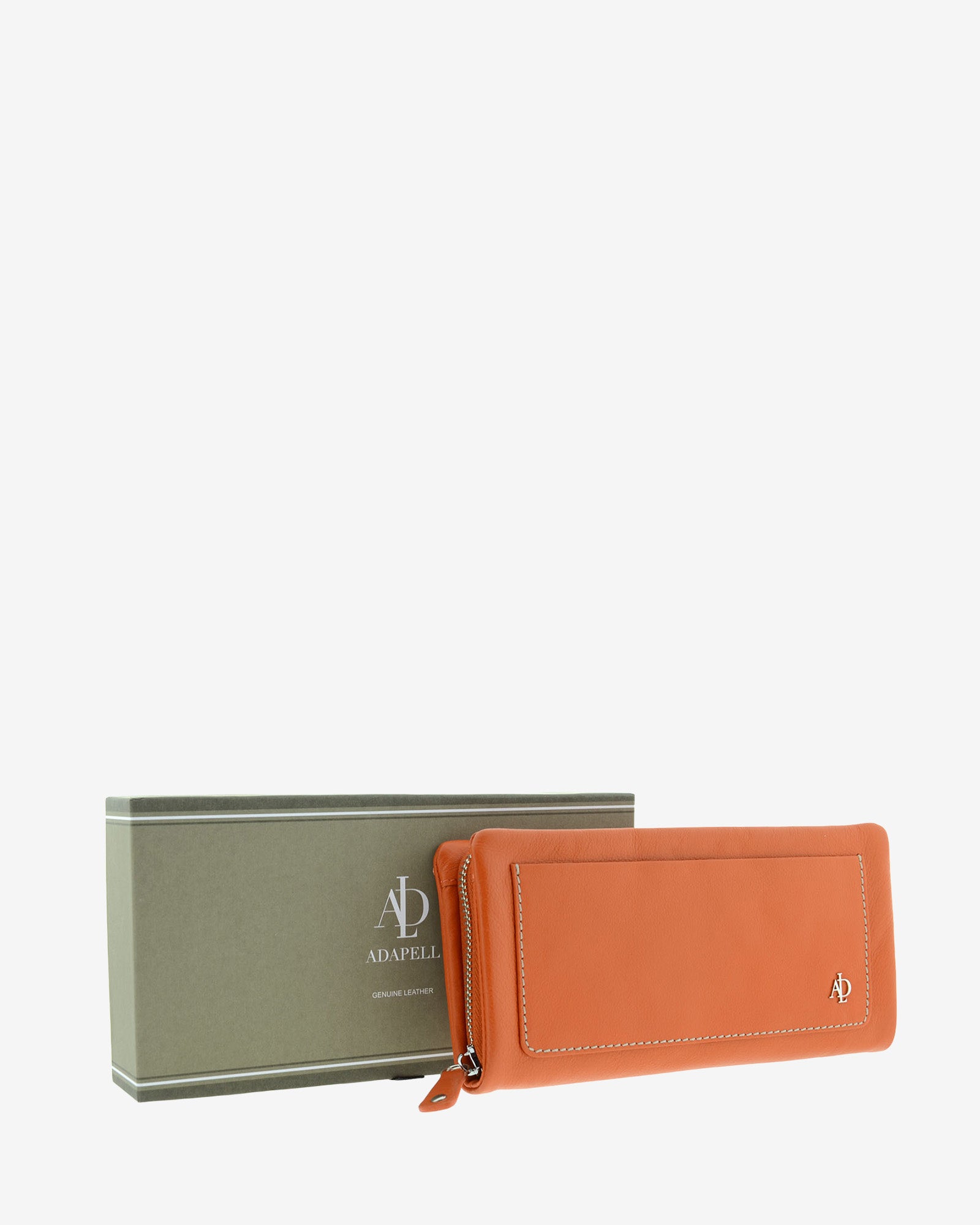 Cartera de piel napa naranja junto a su caja, vista tres cuartos, 4225-9