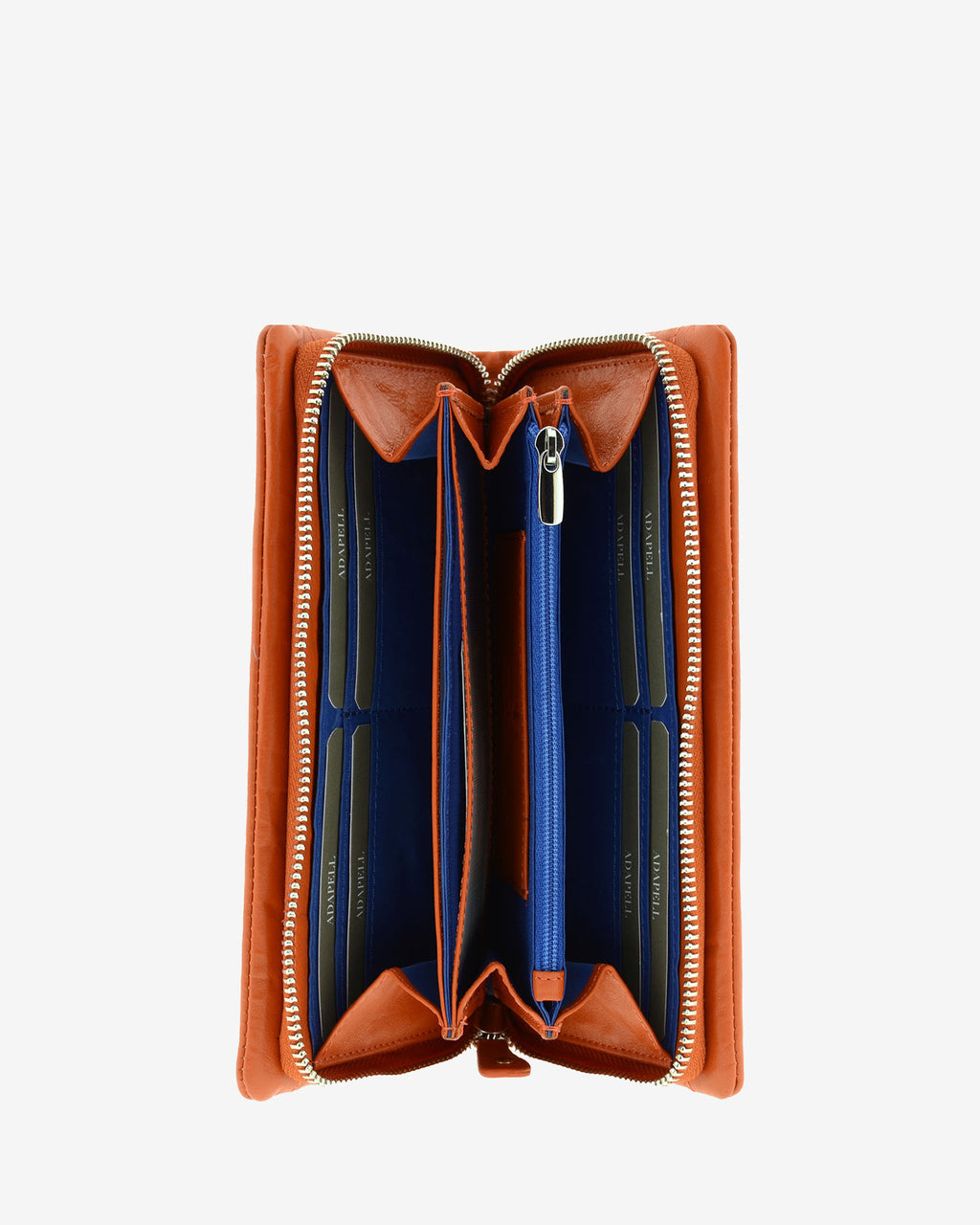 Cartera de piel napa naranja abierta con ranuras para tarjetas e interior azul, vista interior, 4225-9