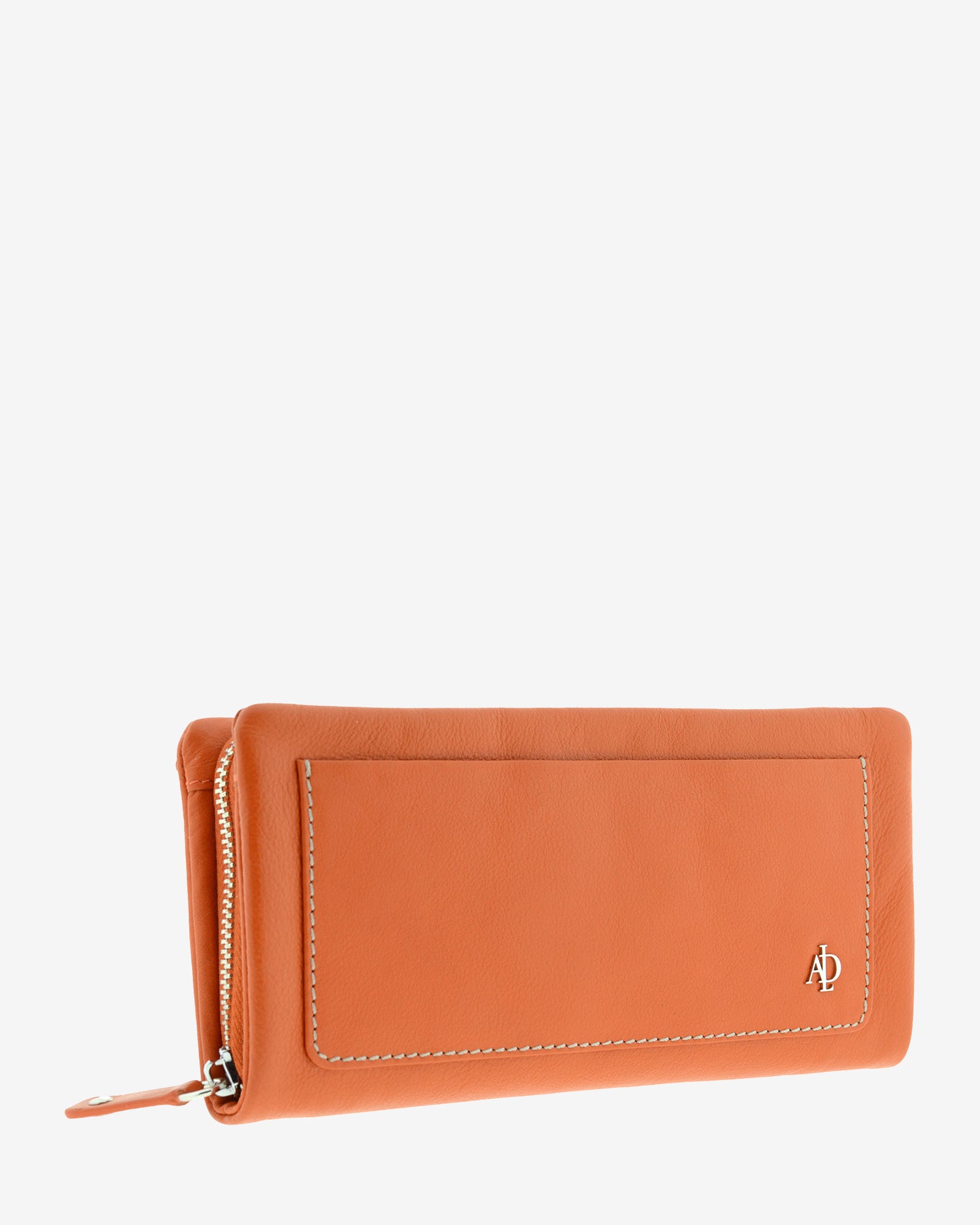 Cartera de piel napa naranja para mujer con compartimento exterior, vista tres cuartos, Adapell 4225-9