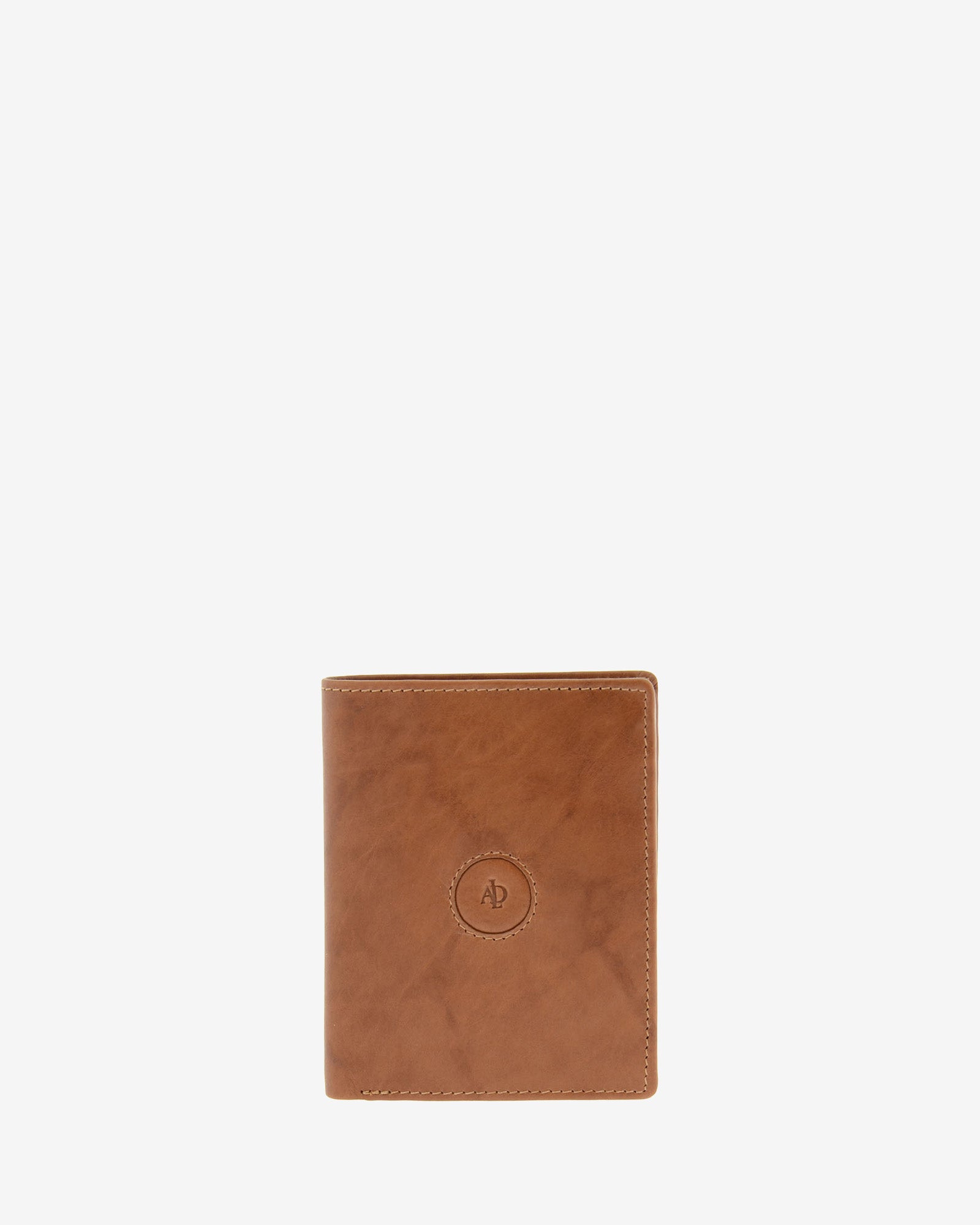Cartera de piel natural color cuero con logo circular en relieve y pespunte perimetral, ref. 1592-6