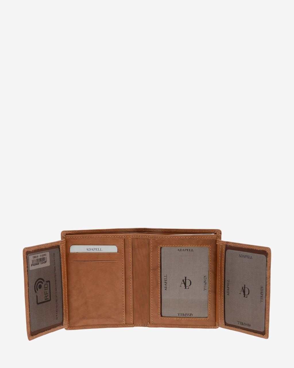 : Interior desplegado de cartera de piel natural color cuero con ranuras para tarjetas, compartimentos laterales y ventana para documento, ref. 1592-6