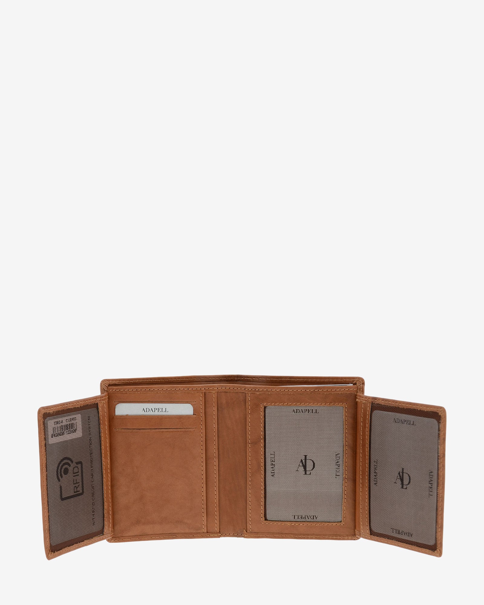 : Interior desplegado de cartera de piel natural color cuero con ranuras para tarjetas, compartimentos laterales y ventana para documento, ref. 1592-6
