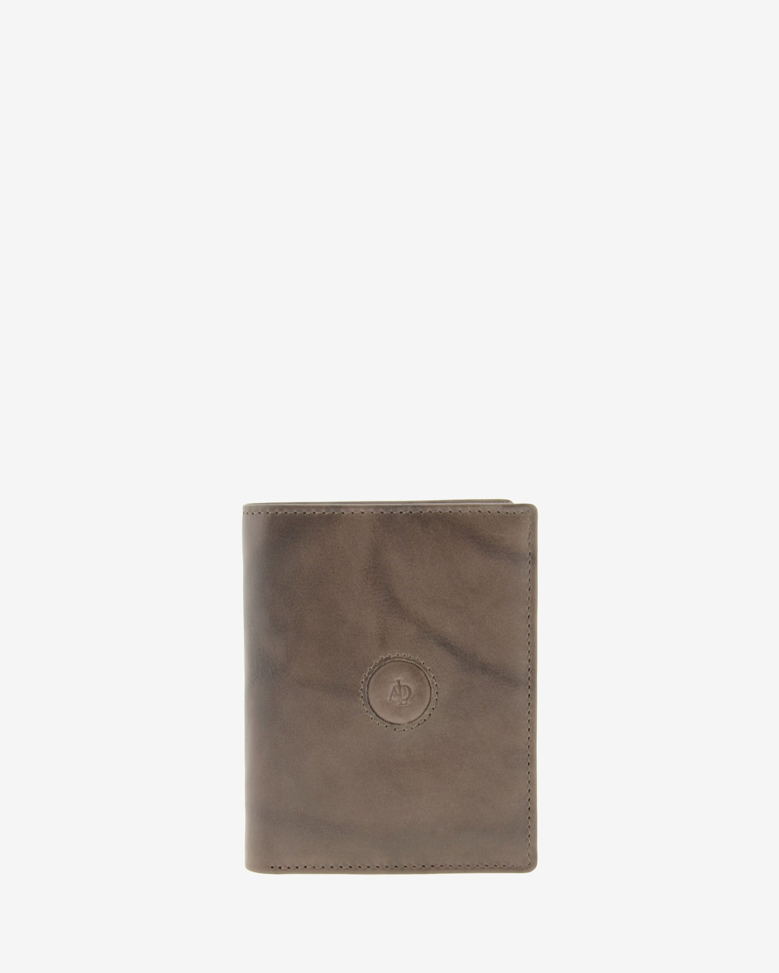 Cartera de piel natural color gris con logo circular en relieve y pespunte perimetral, ref. 1592-11