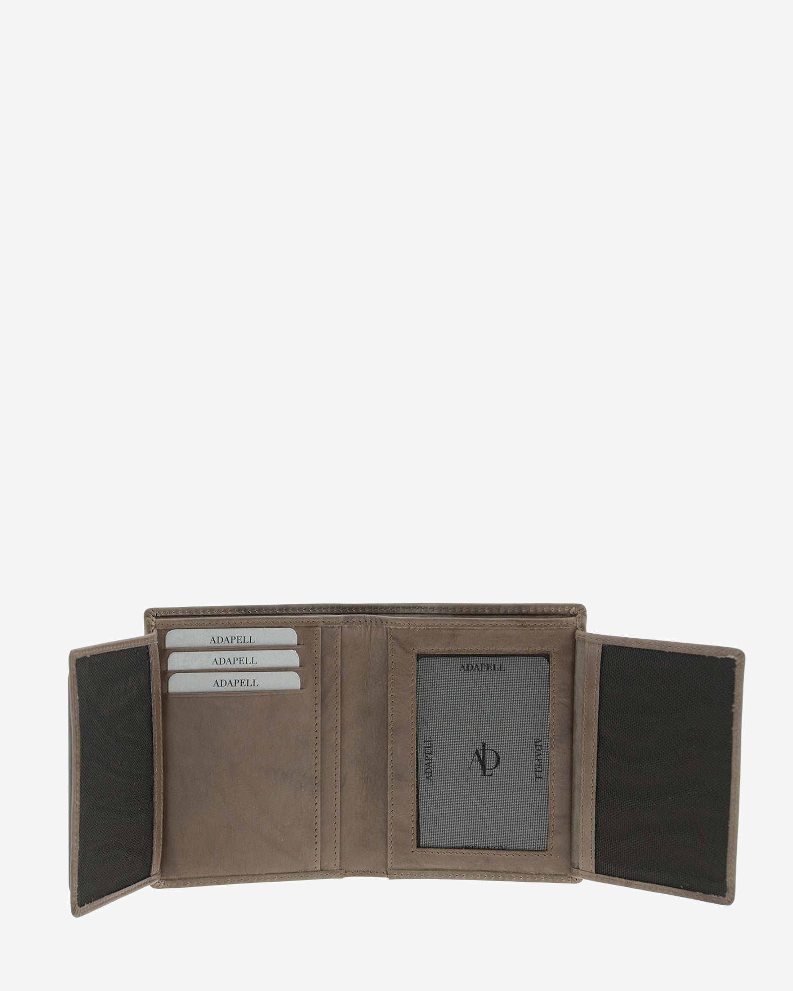 : Interior desplegado de cartera de piel natural color gris con ranuras para tarjetas, compartimentos laterales y ventana para documento, ref. 1592-11