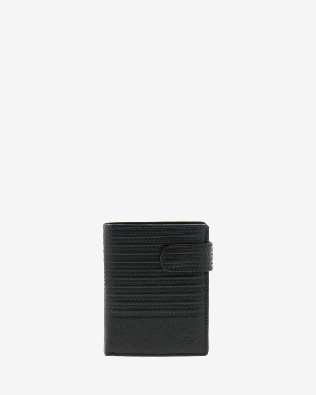 Cartera de piel negra con RFID, acabado rayado en relieve y cierre de botón, vista frontal, 1650-1