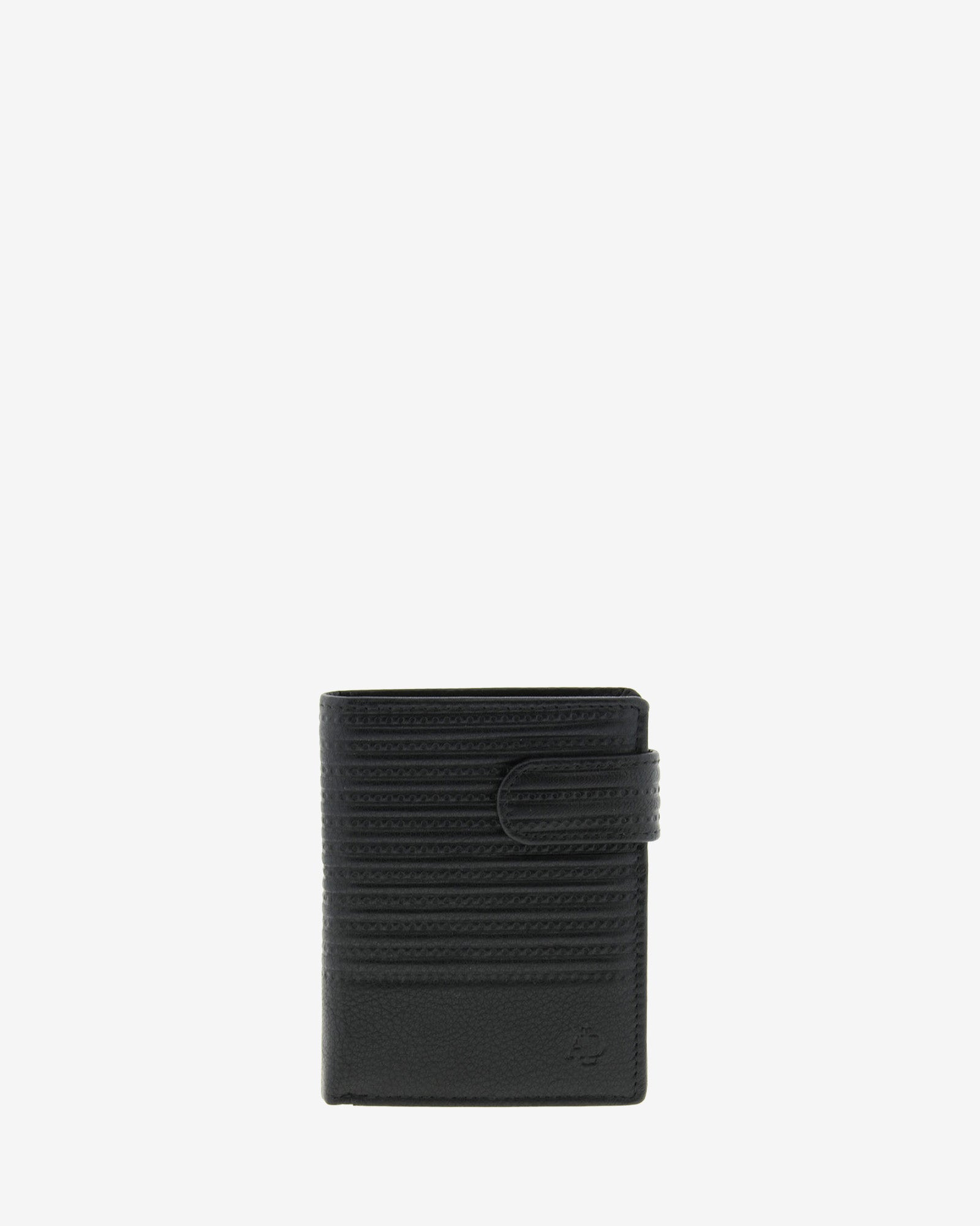 Cartera de piel negra con RFID, acabado rayado en relieve y cierre de botón, vista frontal, 1650-1
