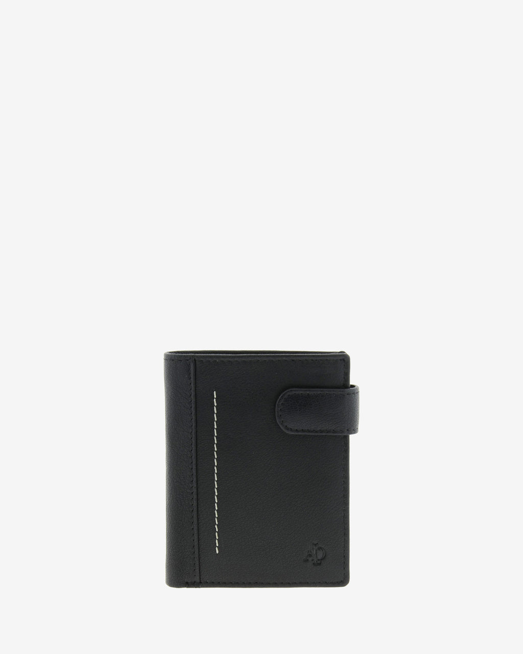 Cartera de piel negra con RFID, cierre de botón y pespunte vertical en contraste, vista frontal, 1655-1.