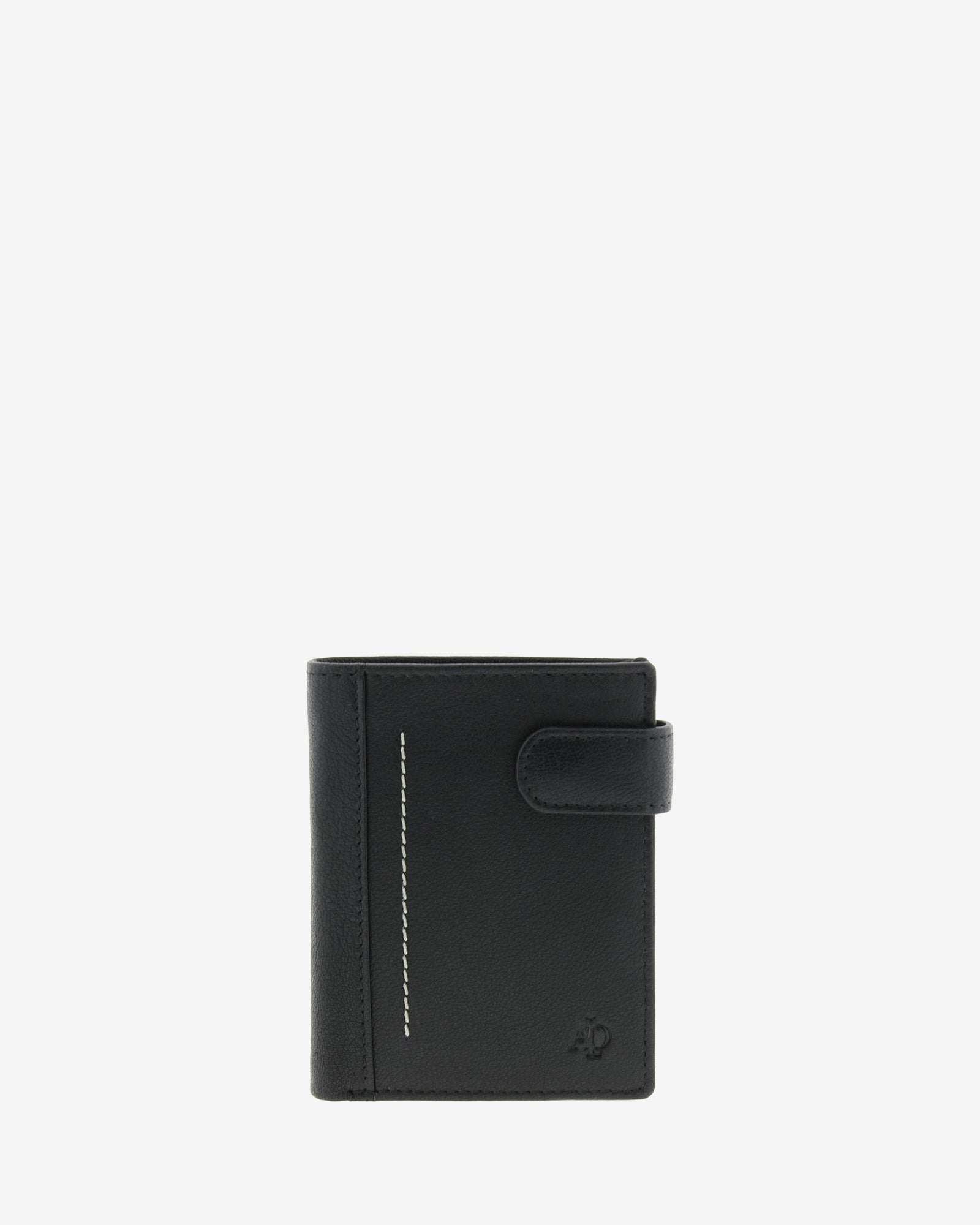 Cartera de piel negra con RFID, cierre de botón y pespunte vertical en contraste, vista frontal, 1655-1.