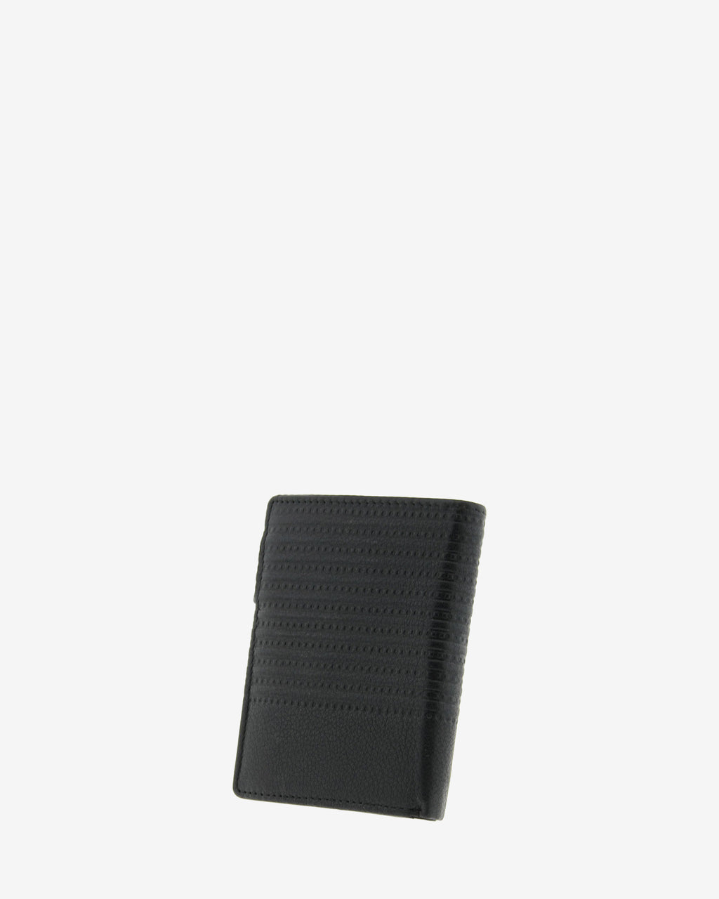 Cartera de piel negra con RFID cerrada en ángulo, vista trasera con acabado rayado en relieve, 1650-1
