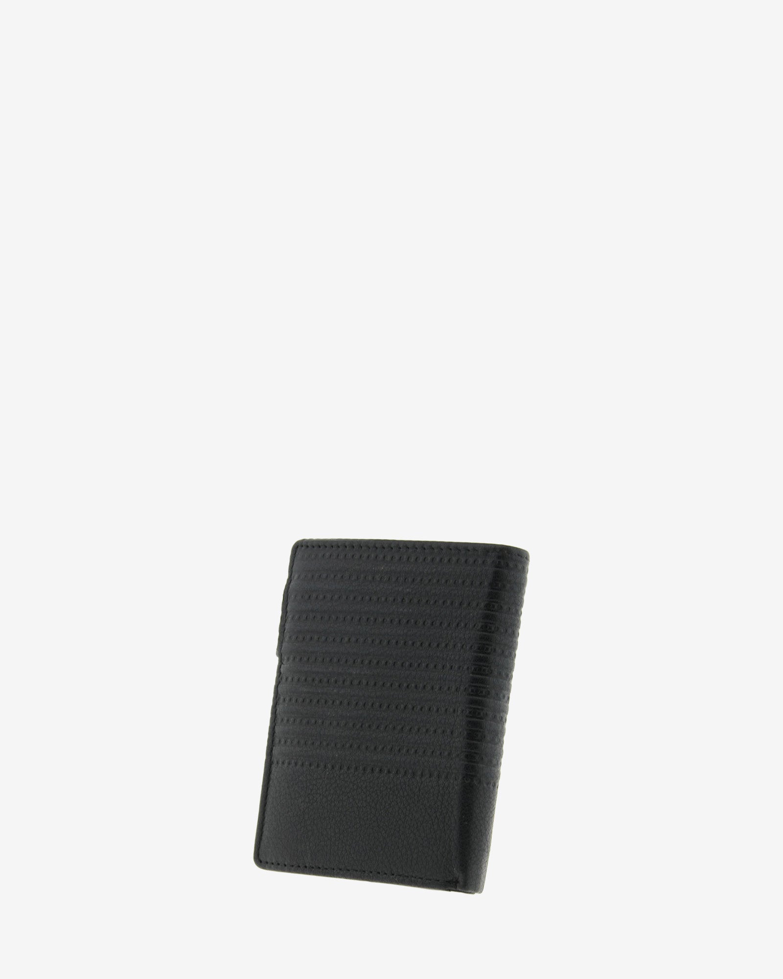 Cartera de piel negra con RFID cerrada en ángulo, vista trasera con acabado rayado en relieve, 1650-1
