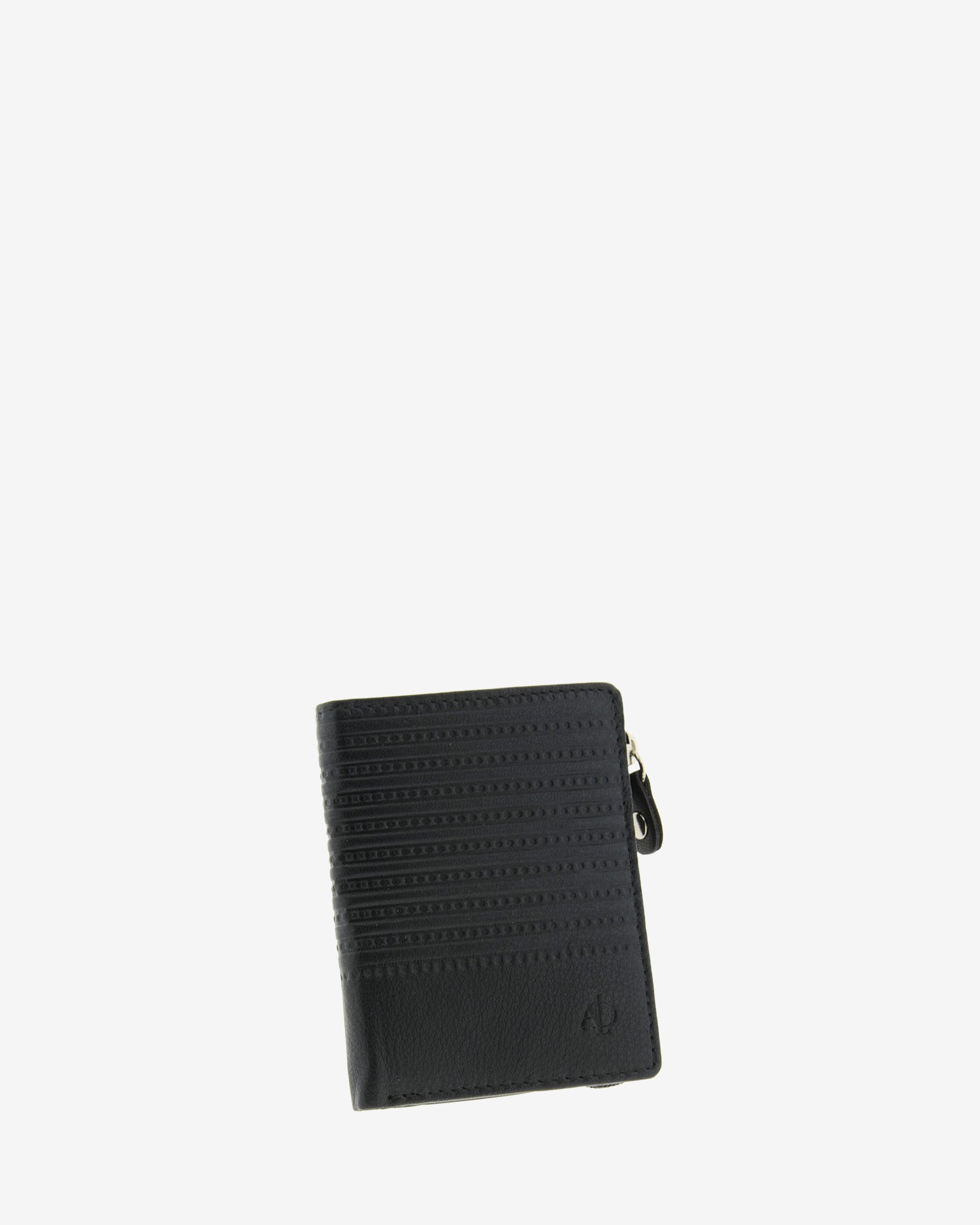 Cartera de piel negra con acabado rayado y cremallera exterior, cerrada en ángulo y vista frontal, modelo 1654.