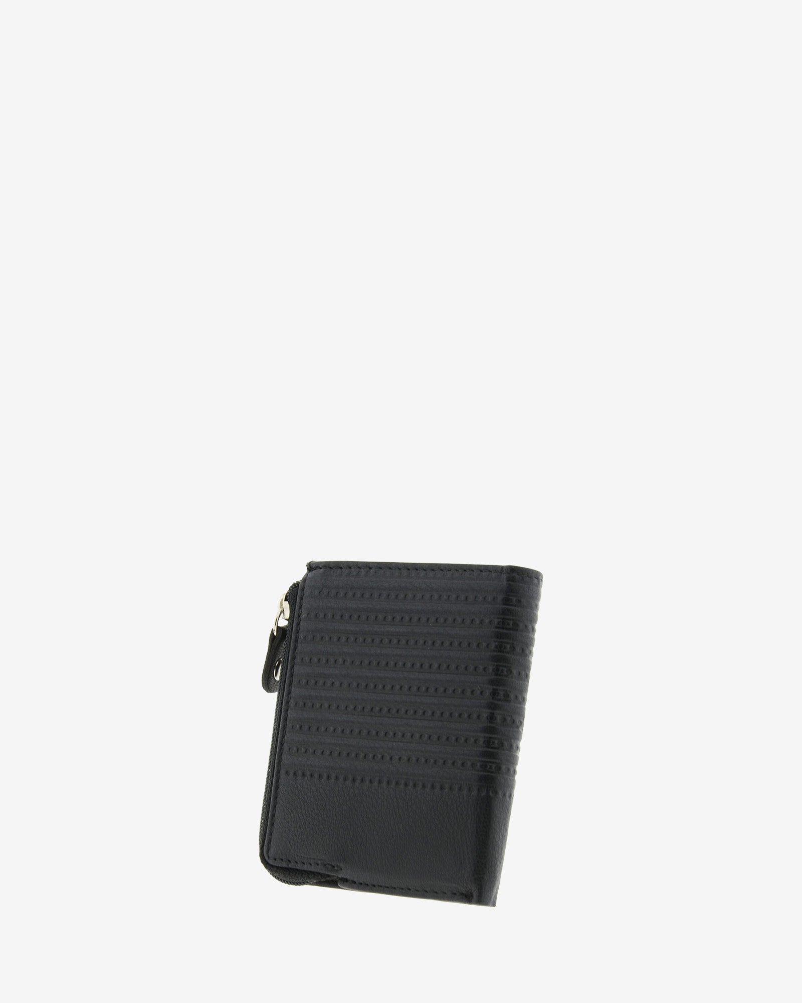 Cartera de piel negra con acabado rayado, cerrada en ángulo y vista trasera, modelo 1654.