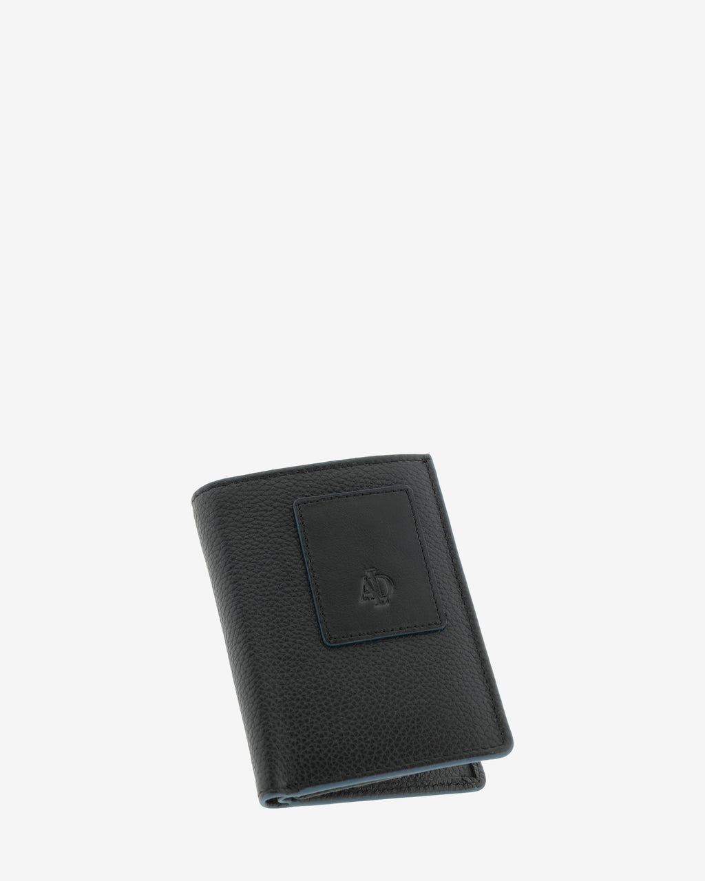 Cartera de piel negra con RFID cerrada en ángulo, vista frontal con logo, ref. 1660-1