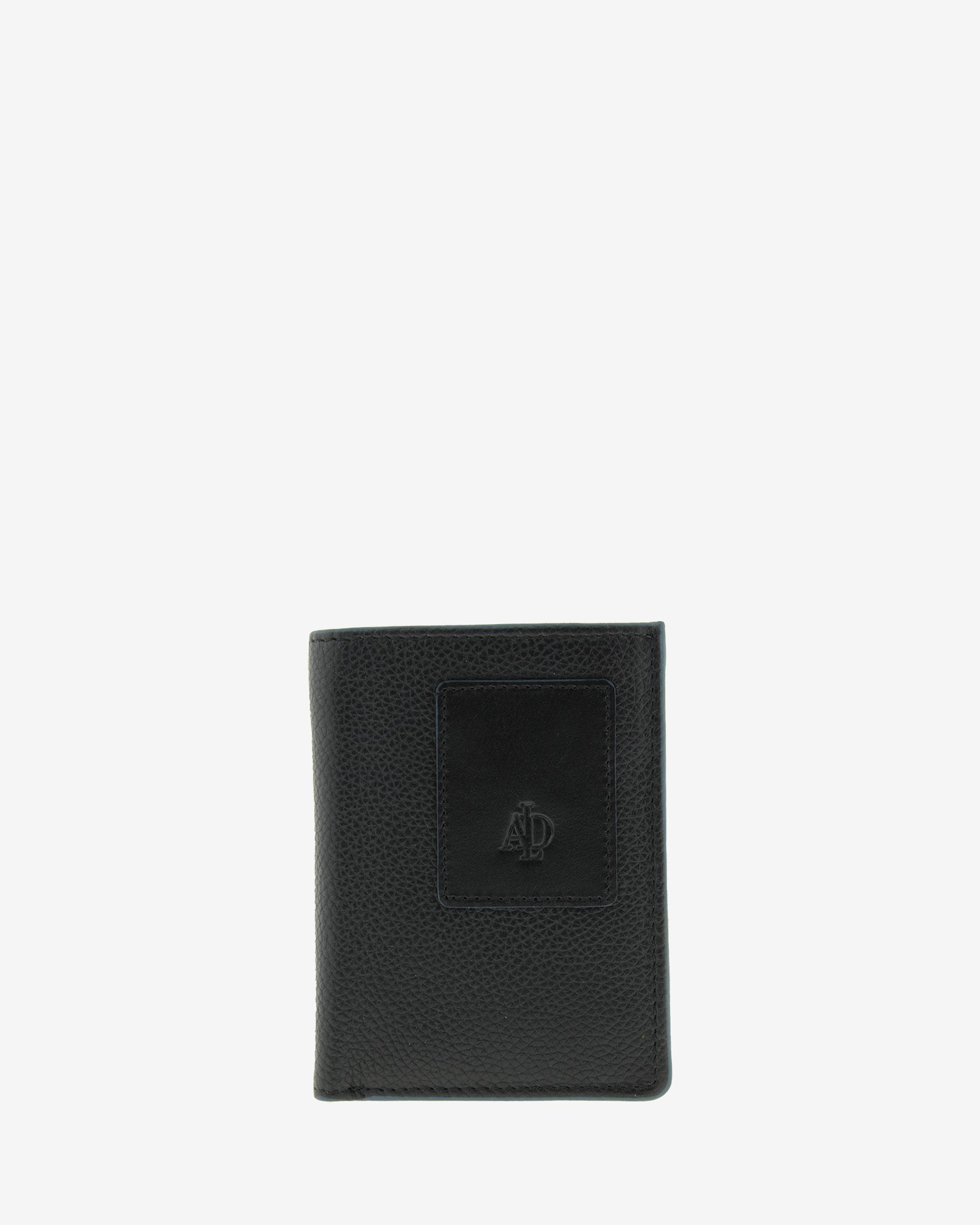 Cartera de piel negra con RFID cerrada, vista frontal con logo, ref. 1660-1