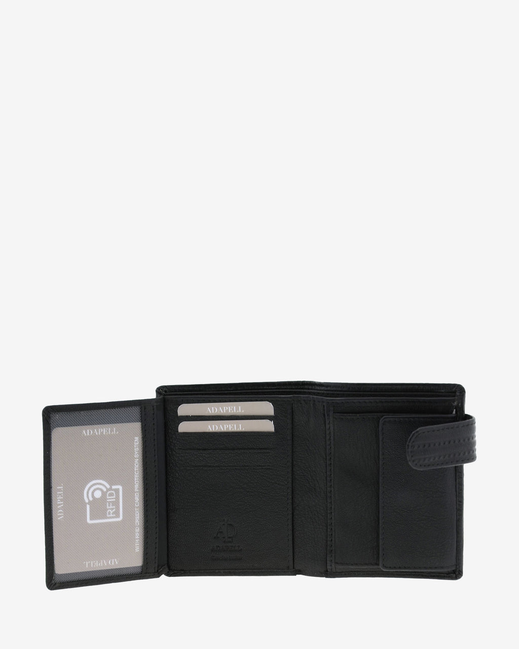 Cartera de piel negra abierta mostrando ranuras para tarjetas, monedero interior y tarjeta RFID de muestra, 1650-1
