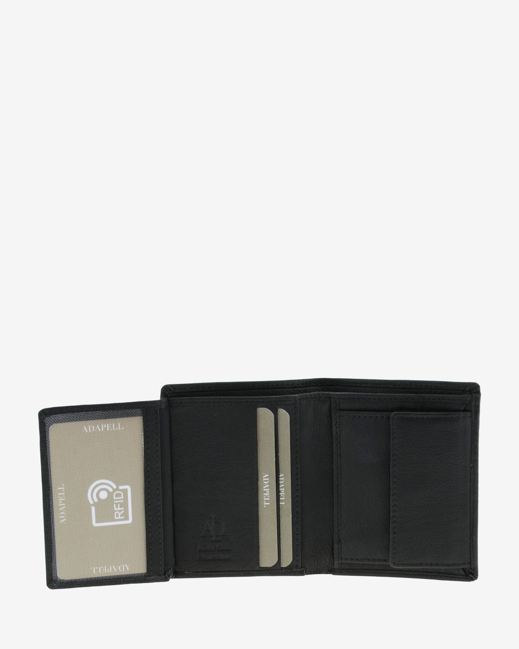 Cartera de piel negra abierta mostrando el interior con protección RFID, ranuras para tarjetas y monedero, modelo 1651.