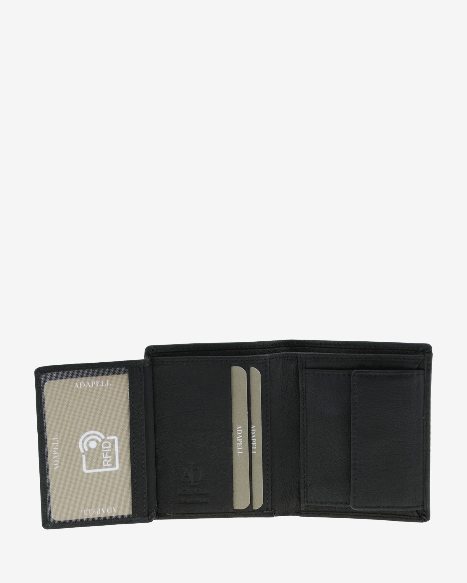 Cartera de piel negra abierta mostrando el interior con protección RFID, ranuras para tarjetas y monedero, modelo 1651.