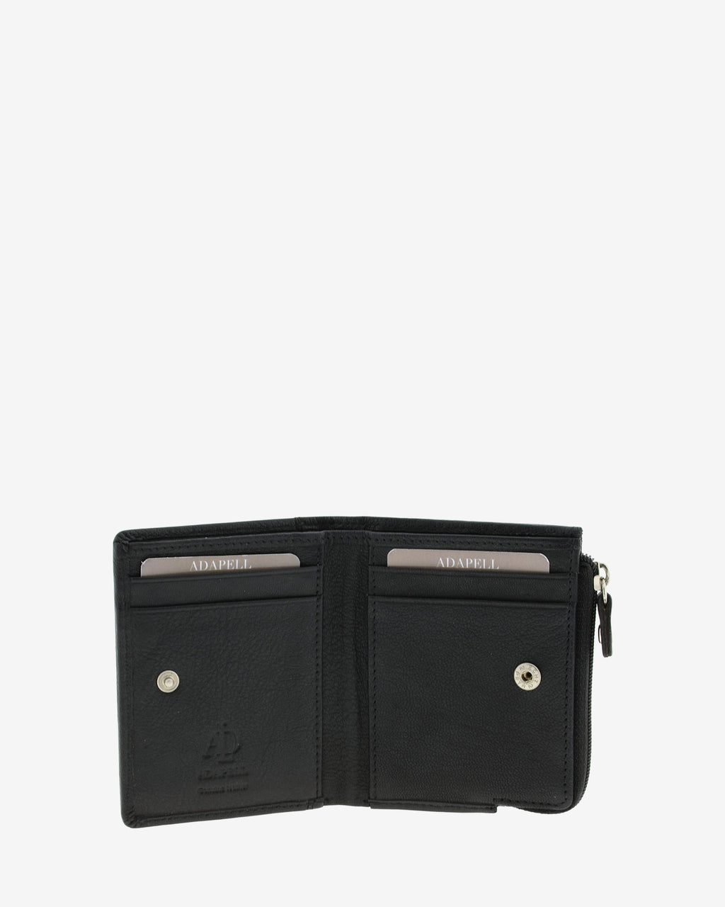 Cartera de piel negra abierta mostrando ranuras para tarjetas, cierre a presion y compartimentos interiores, 1659-1
