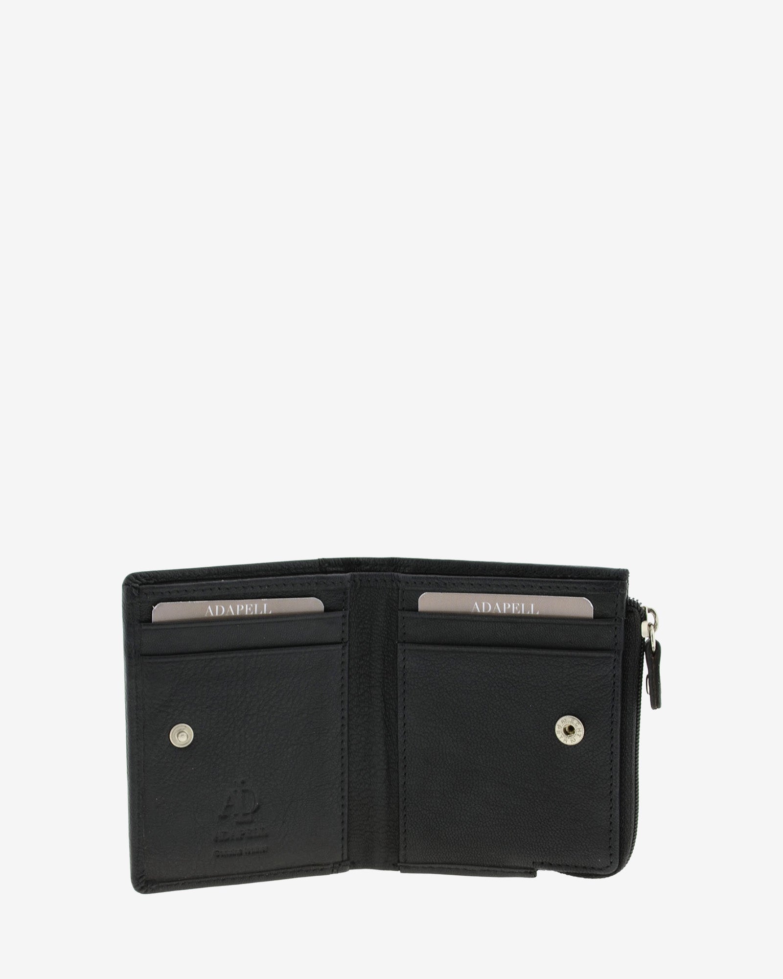 Cartera de piel negra abierta mostrando ranuras para tarjetas, cierre a presion y compartimentos interiores, 1659-1