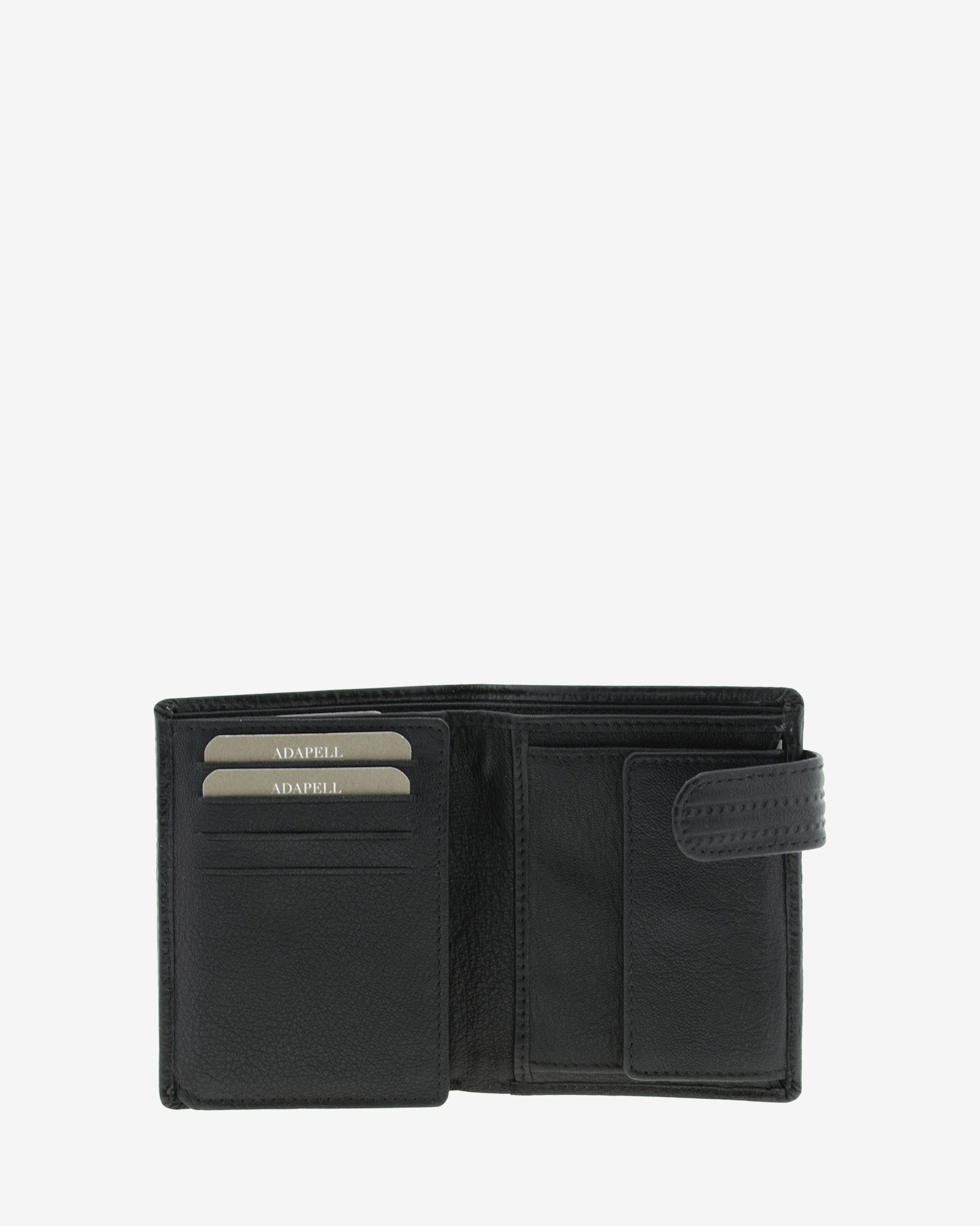 Cartera de piel negra abierta mostrando 8 ranuras para tarjetas, monedero interior y cierre de botón, 1650-1