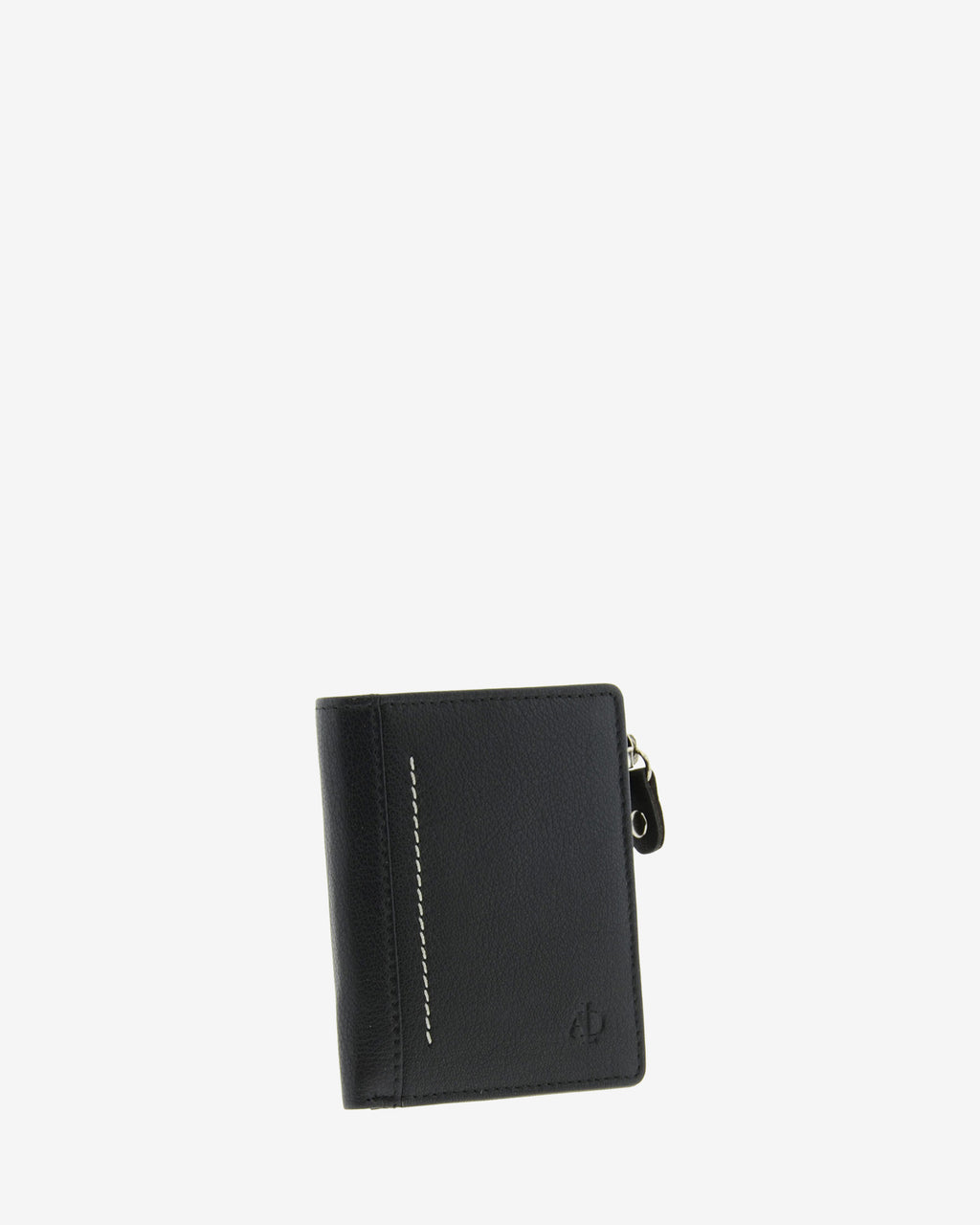 Cartera de piel negra con pespunte en contraste, diseño fino, cerrada en ángulo y vista frontal, 1659-1