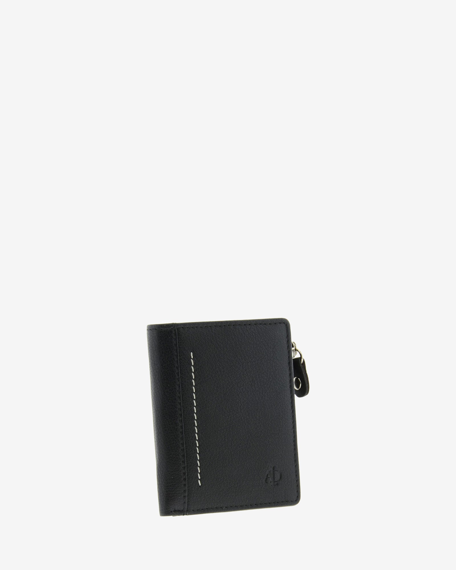 Cartera de piel negra con pespunte en contraste, diseño fino, cerrada en ángulo y vista frontal, 1659-1