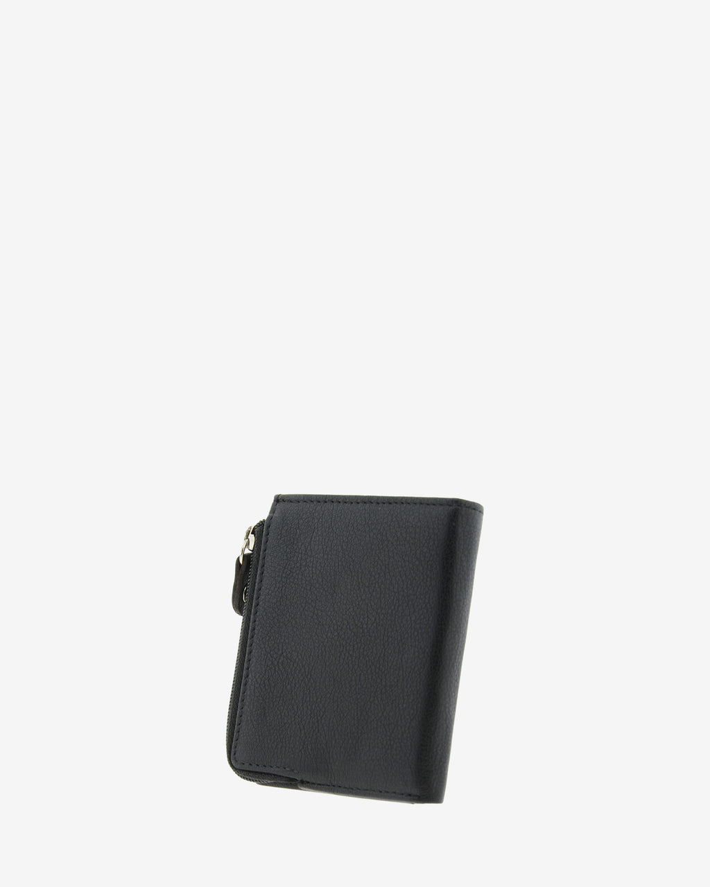 Cartera de piel negra con monedero exterior con cremallera, cerrada en ángulo y vista trasera, 1659-1