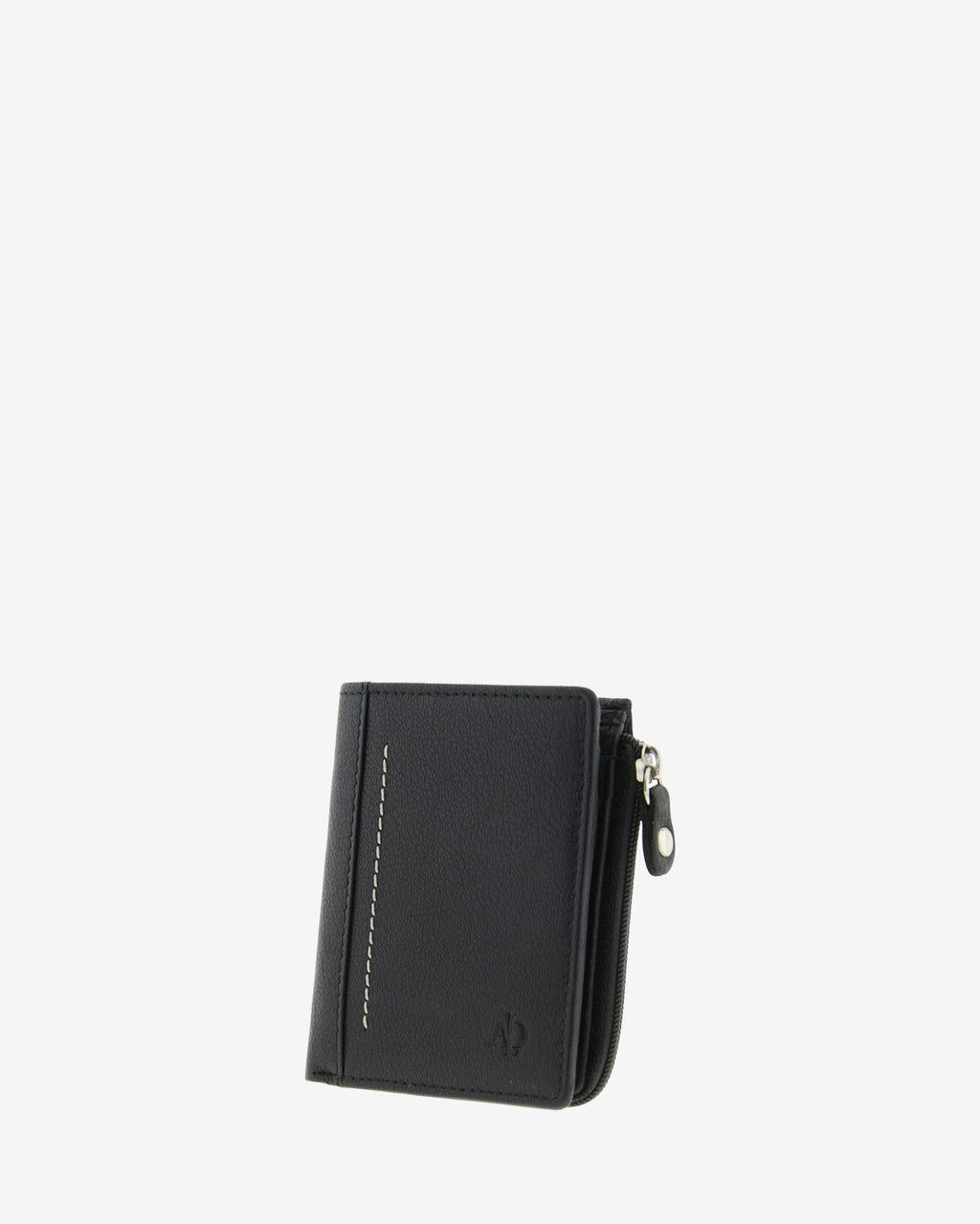 Cartera de piel negra con monedero exterior y cremallera visible, cerrada en ángulo, 1659-1