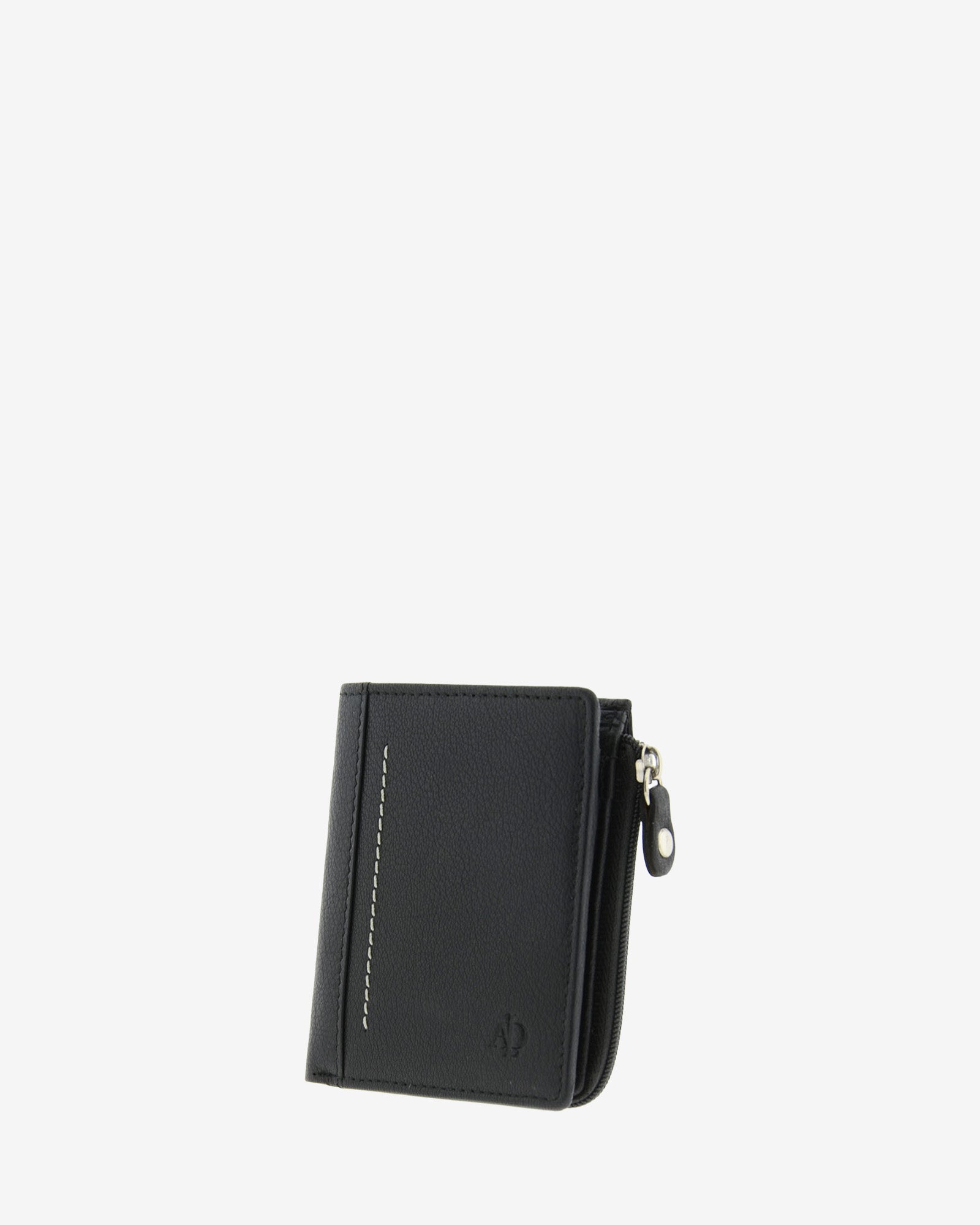 Cartera de piel negra con monedero exterior y cremallera visible, cerrada en ángulo, 1659-1