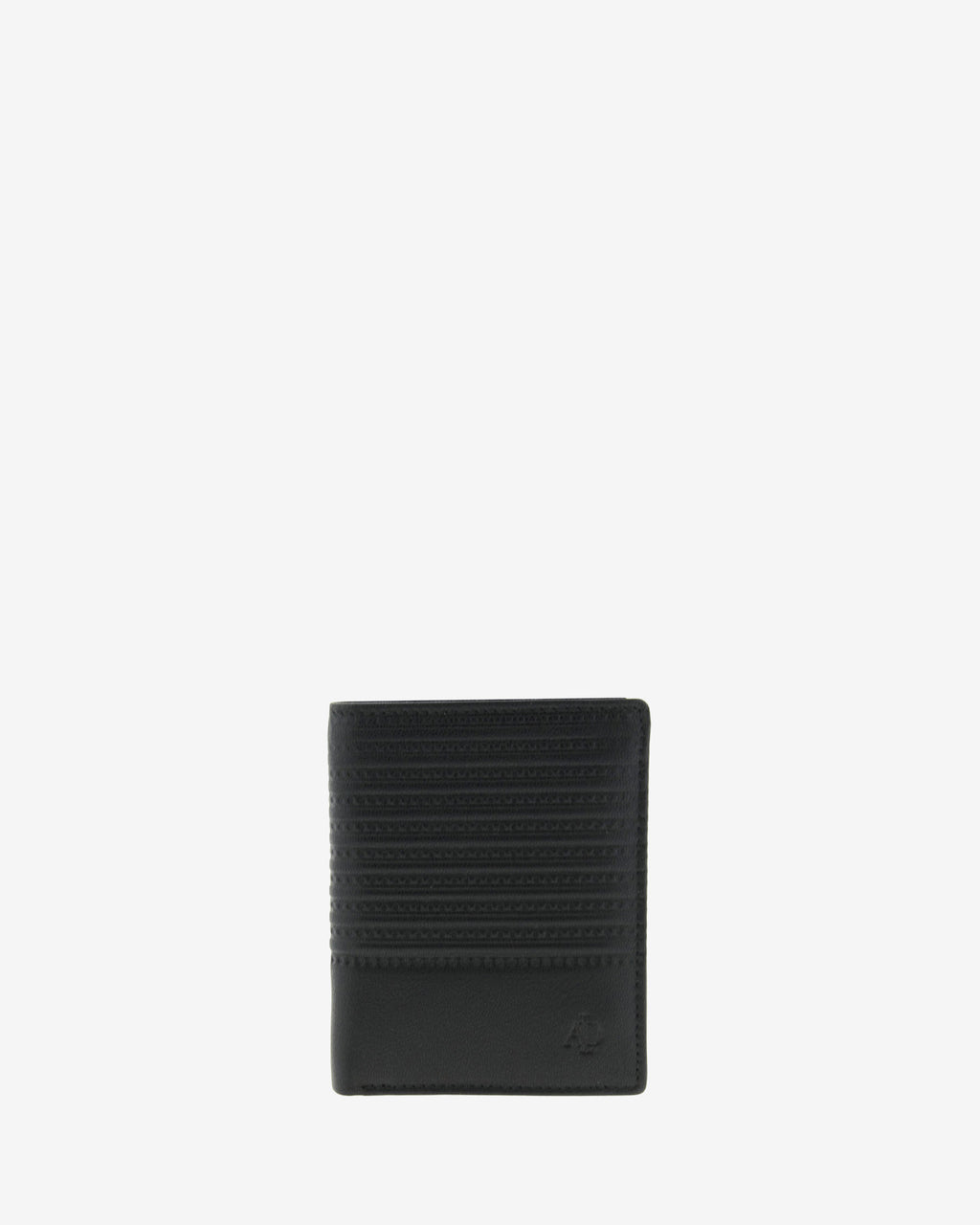 Cartera de piel negra con acabado rayado, cerrada y vista frontal, modelo 1651.