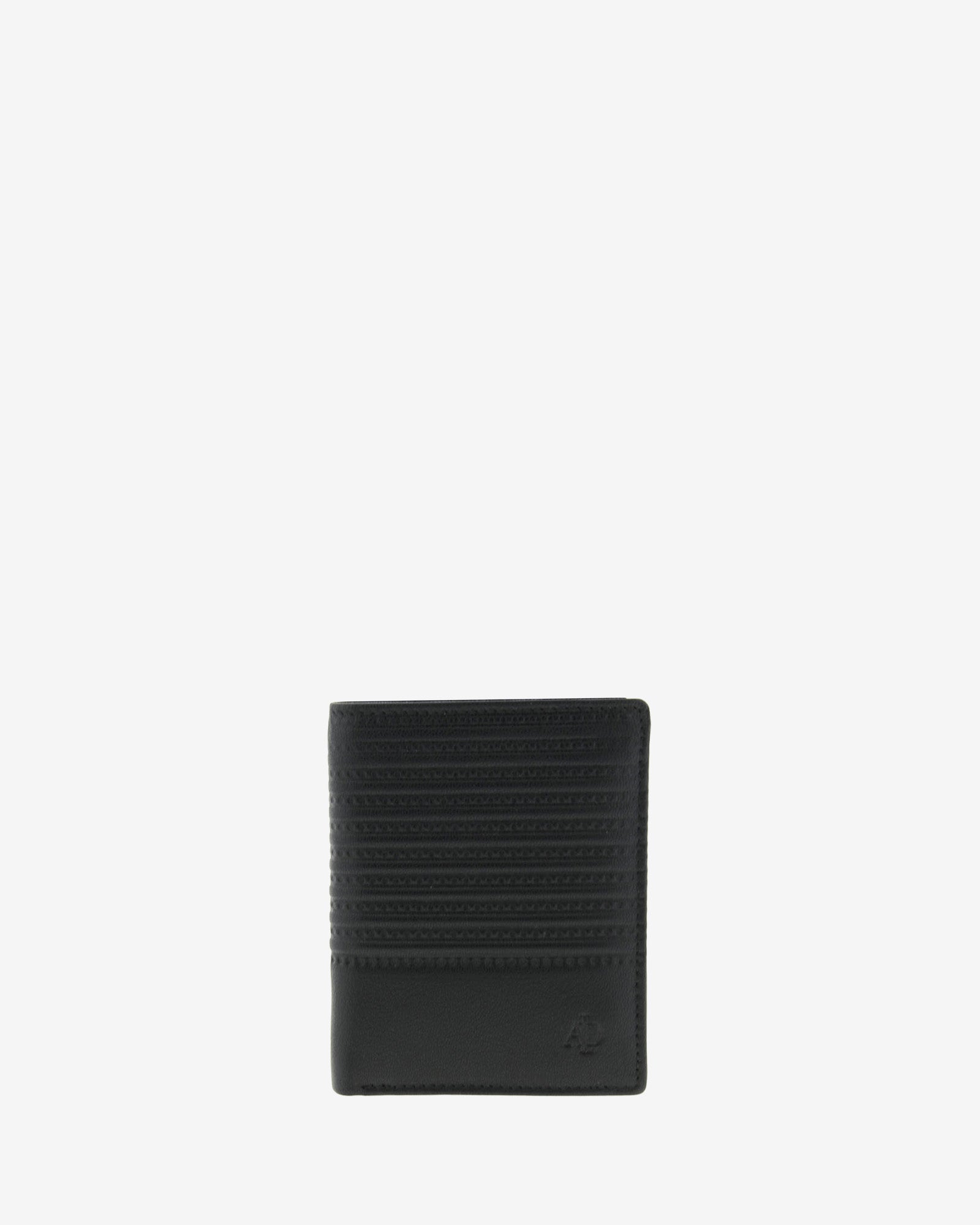Cartera de piel negra con acabado rayado, cerrada y vista frontal, modelo 1651.