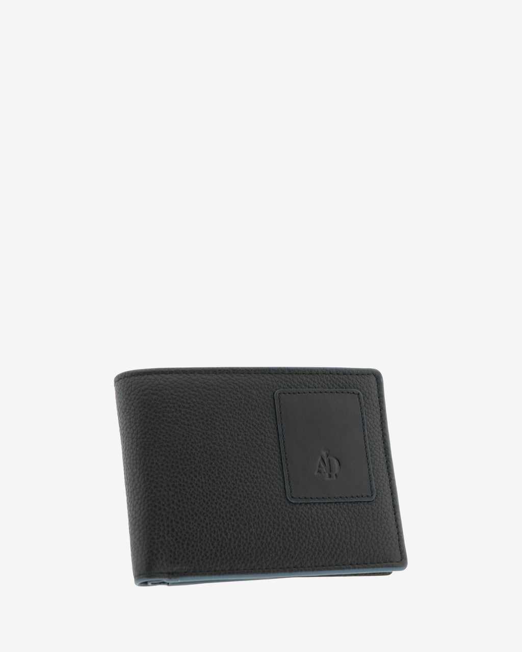 Cartera de piel negra con RFID y monedero cerrada en ángulo, vista frontal con logo, ref. 1662-1