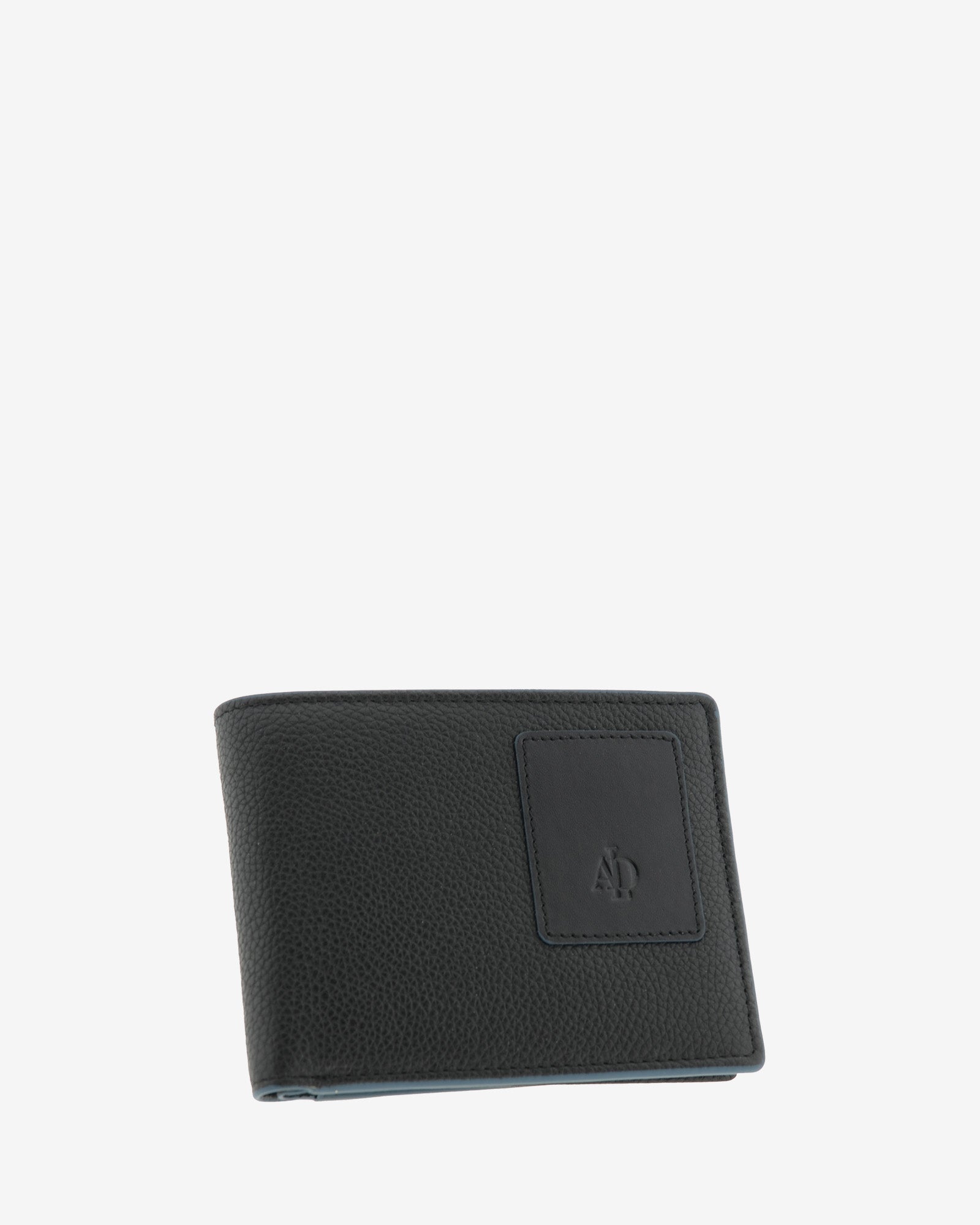 Cartera de piel negra con RFID y monedero cerrada en ángulo, vista frontal con logo, ref. 1662-1