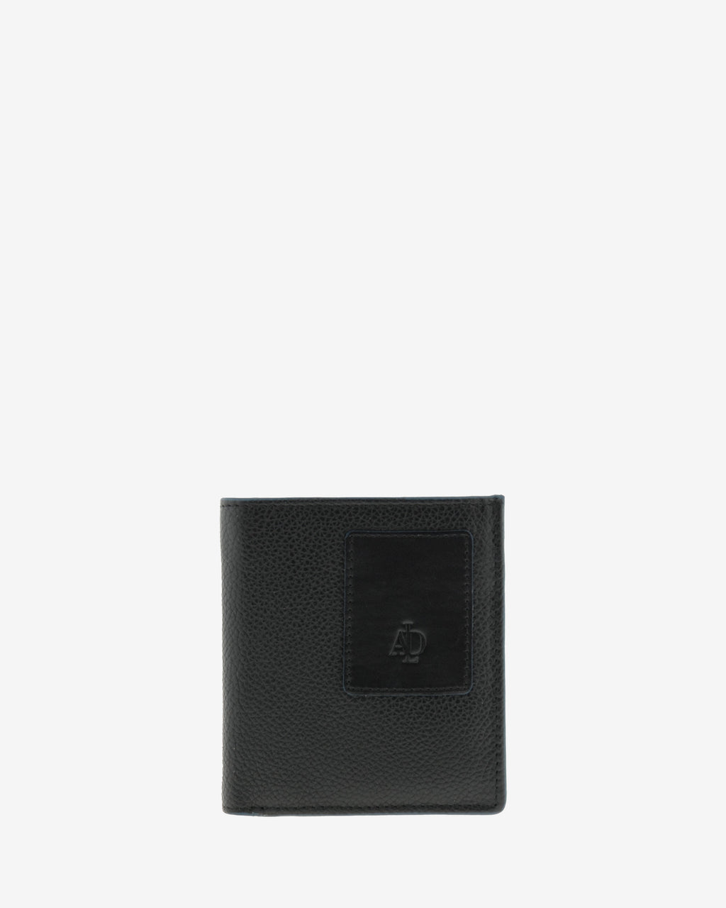 Cartera de piel negra con RFID y monedero cerrada, vista frontal con logo, ref. 1661-1