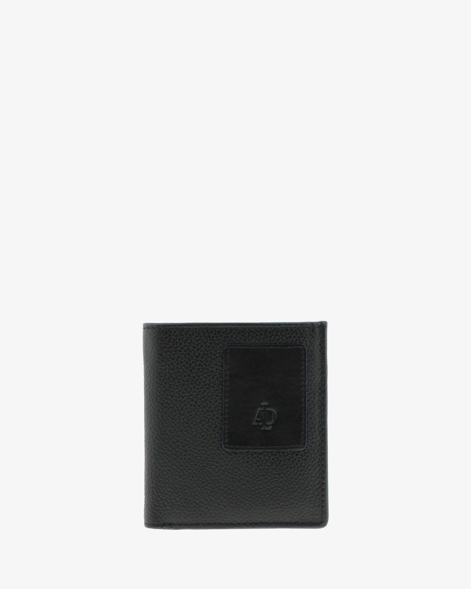 Cartera de piel negra con RFID y monedero cerrada, vista frontal con logo, ref. 1661-1