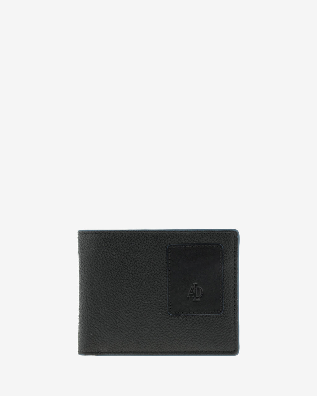 Cartera de piel negra con RFID y monedero cerrada, vista frontal con logo, ref. 1662-1