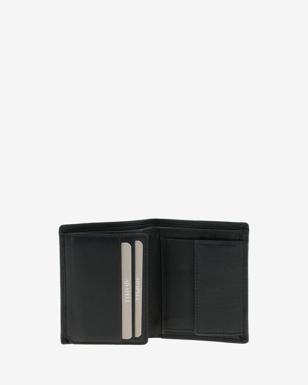 Cartera de piel negra abierta mostrando ranuras para tarjetas y monedero interior, modelo 1651.