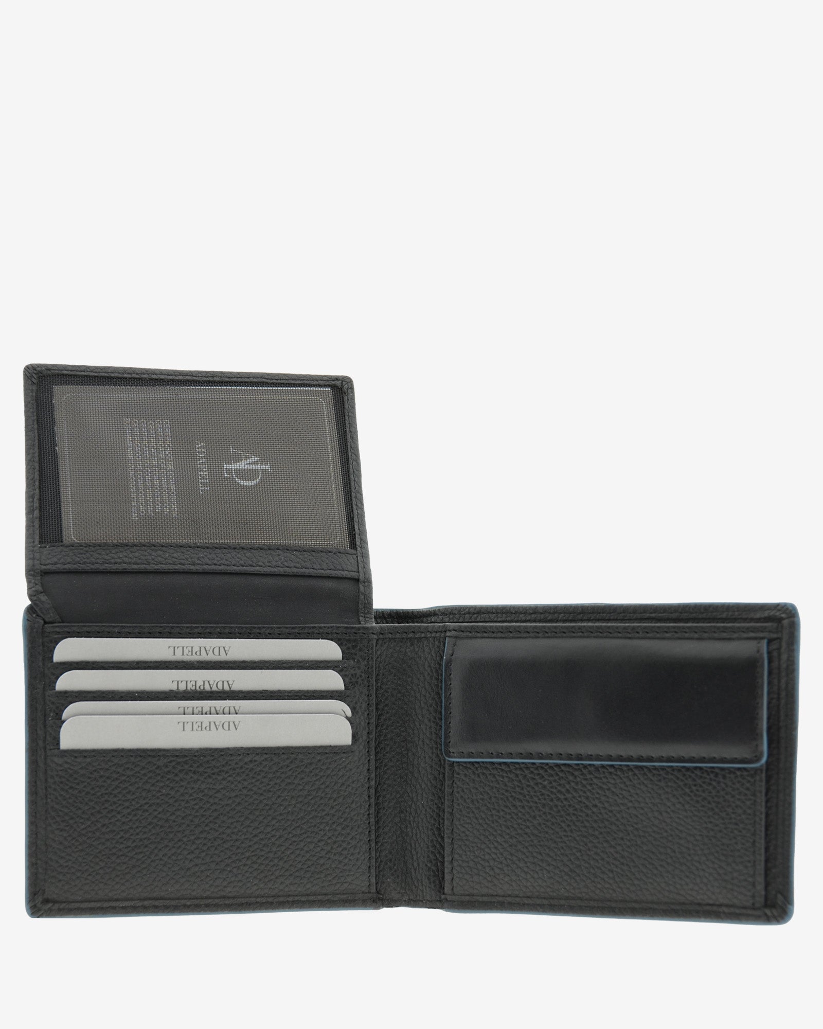 Cartera de piel negra con RFID abierta con ventana interior, monedero y ranuras para tarjetas, ref. 1662-1