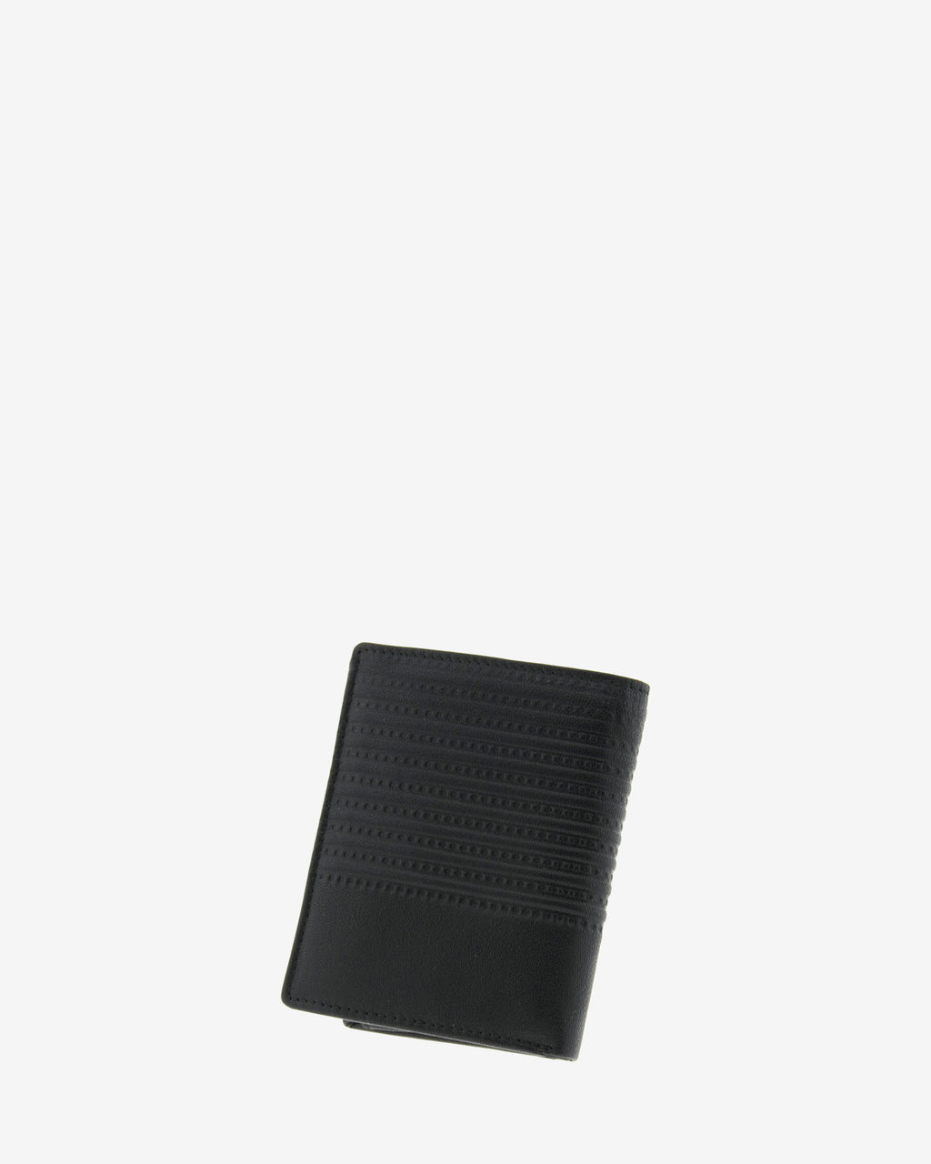 Cartera de piel negra con acabado rayado, cerrada en ángulo y vista trasera, modelo 1651.