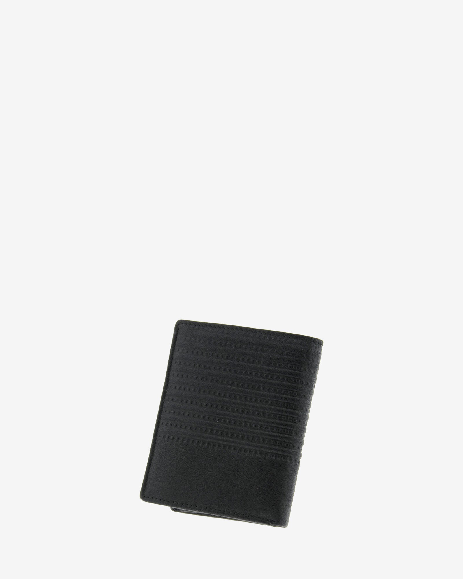 Cartera de piel negra con acabado rayado, cerrada en ángulo y vista trasera, modelo 1651.