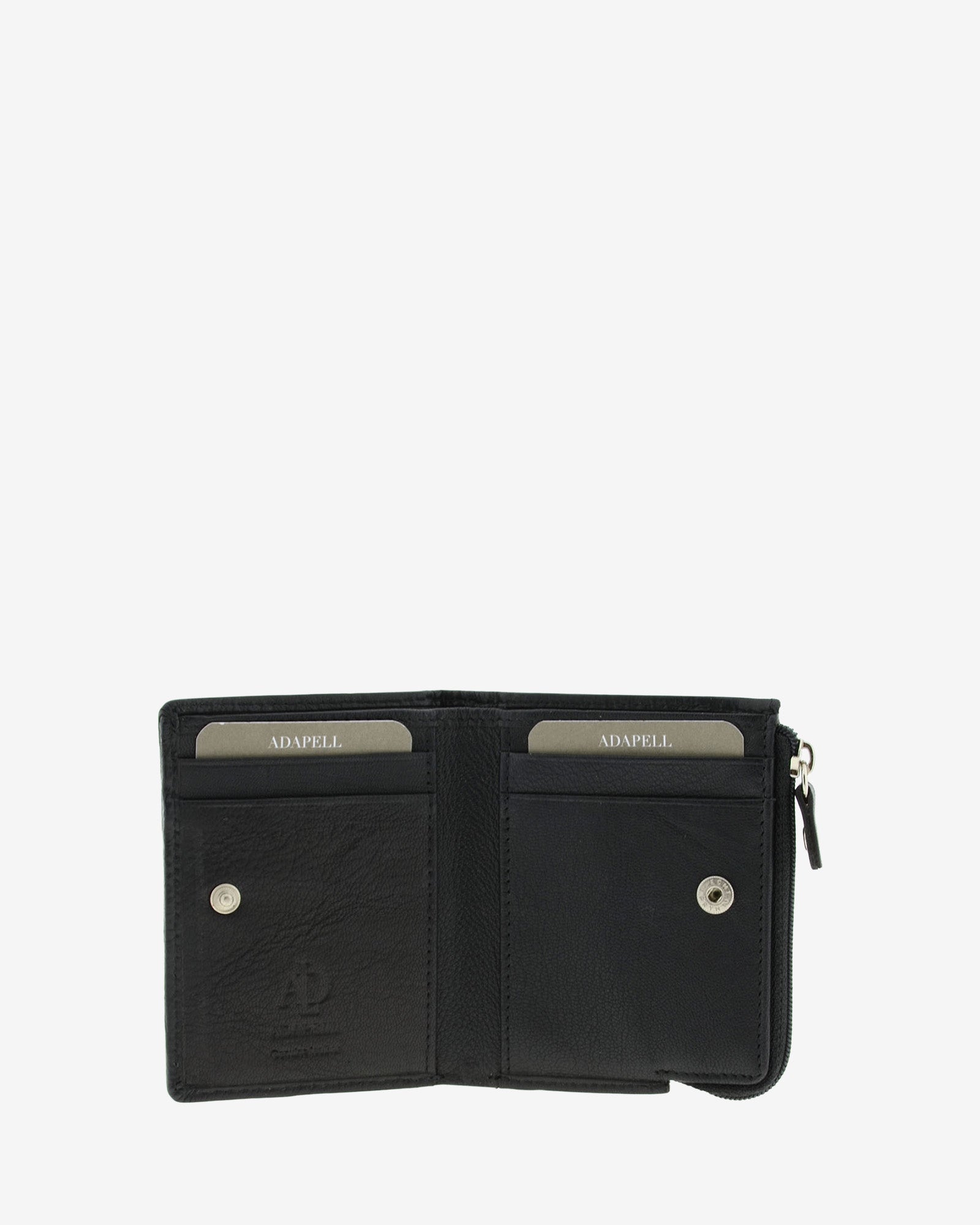 Cartera de piel negra abierta mostrando ranuras para tarjetas y monedero interior con cierre de presión, modelo 1654.