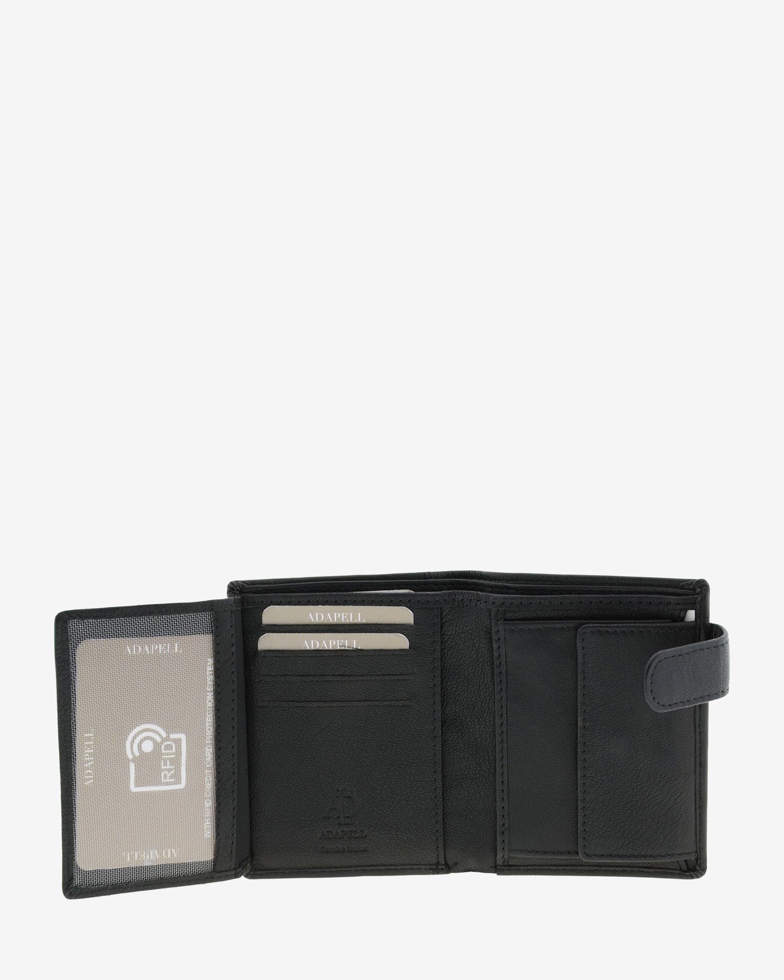 Cartera de piel negra abierta mostrando ventana ID, ranuras para tarjetas, monedero interior y protección RFID, 1655-1.