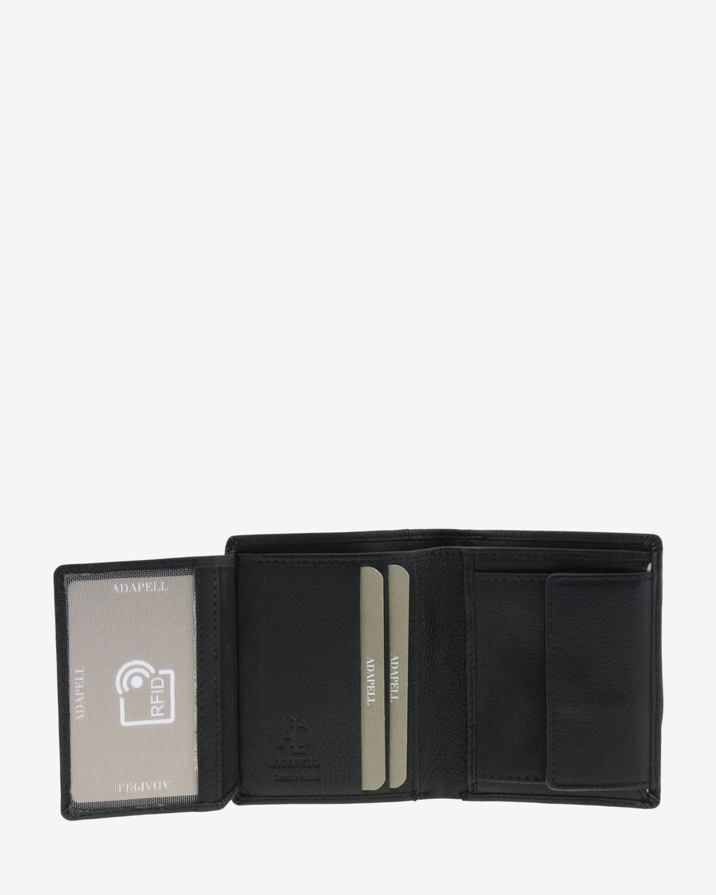 Cartera de piel negra abierta mostrando ventana ID, ranuras para tarjetas y monedero interior, 1656-1