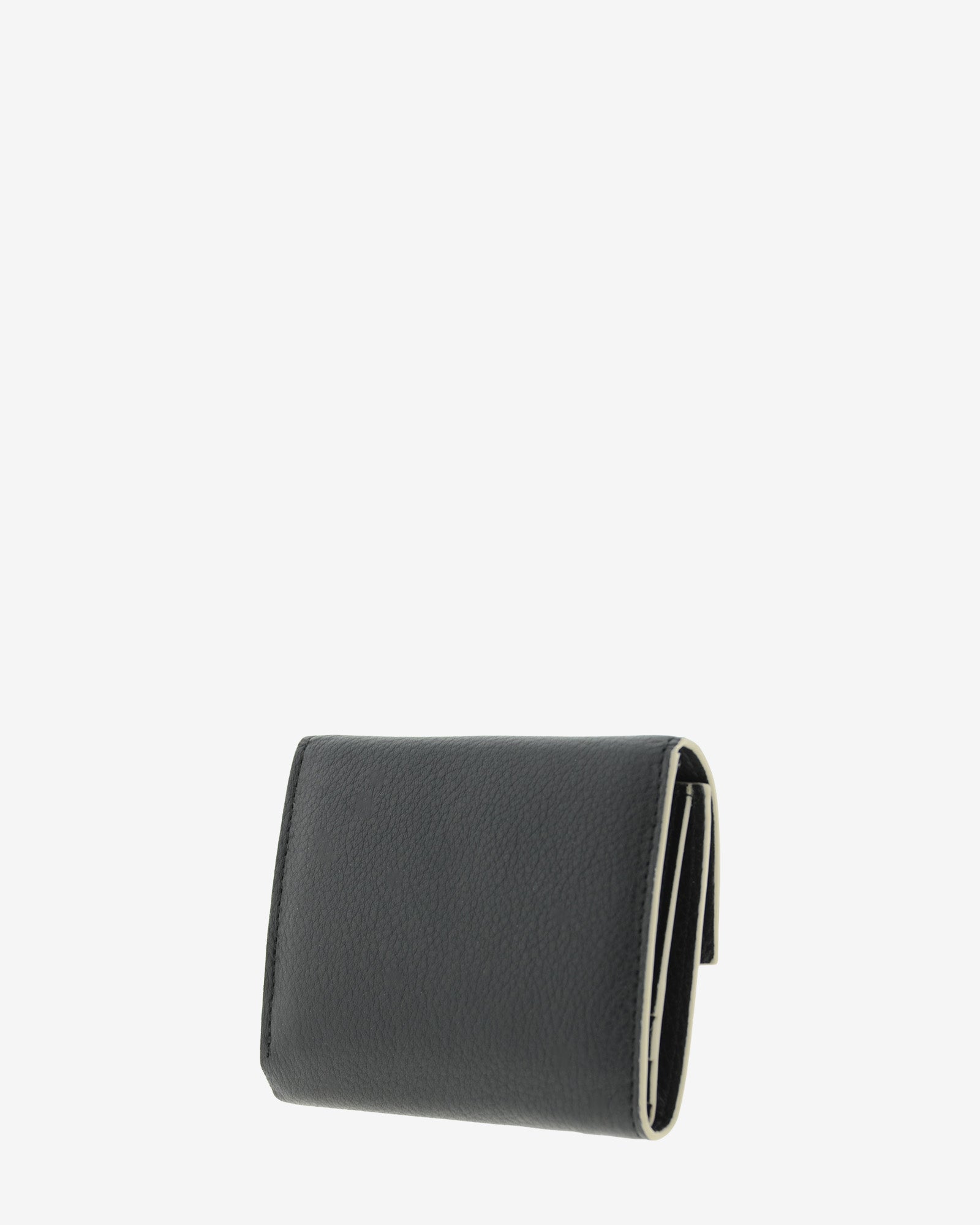 Cartera de piel auténtica ref. 8080-1 en color negro, de medida pequeña y compacta, con protección de tarjetas RFID de la colección Essenza, vista diagonal trasera